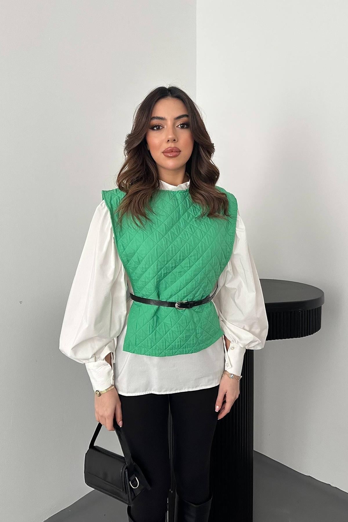 Toptan Yeşil Kemerli Gömlek Ve Panço Takım