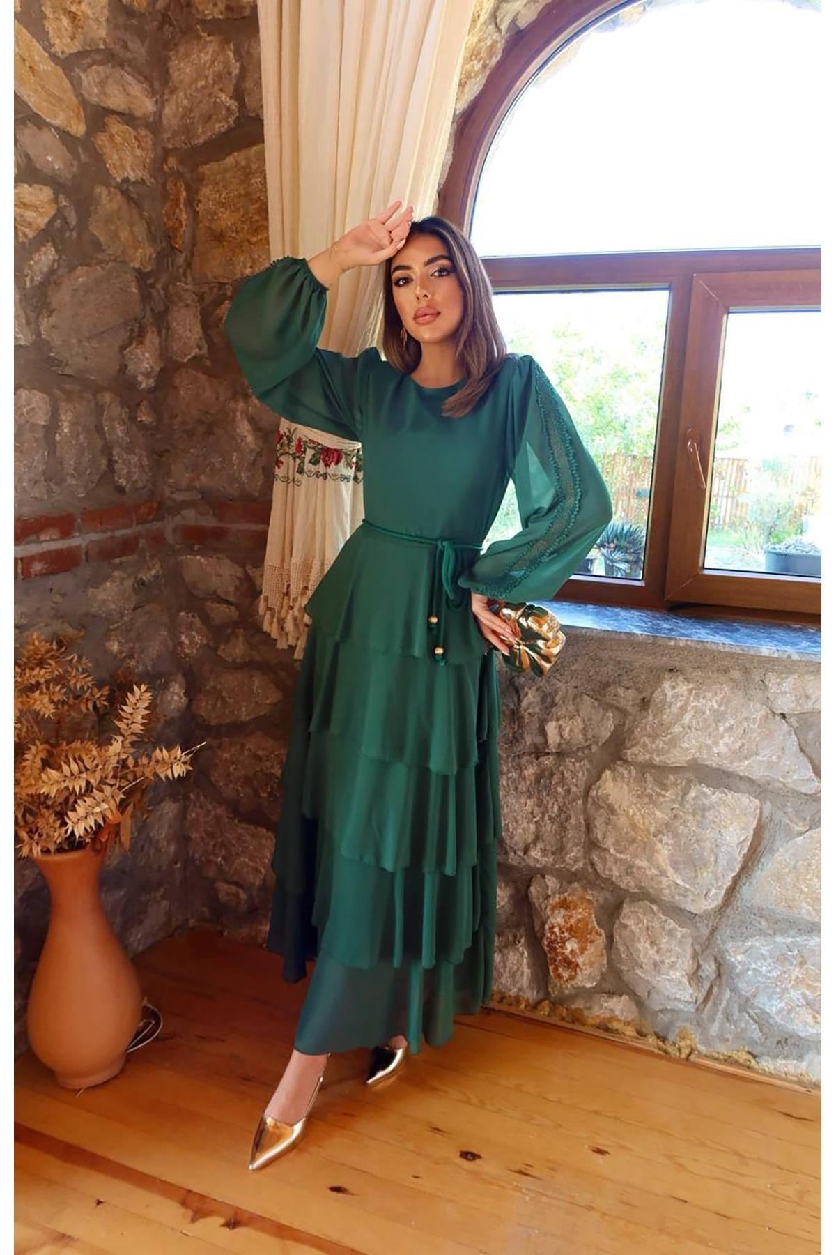 Toptan Zümrüt Kat Kat Şifon Elbise