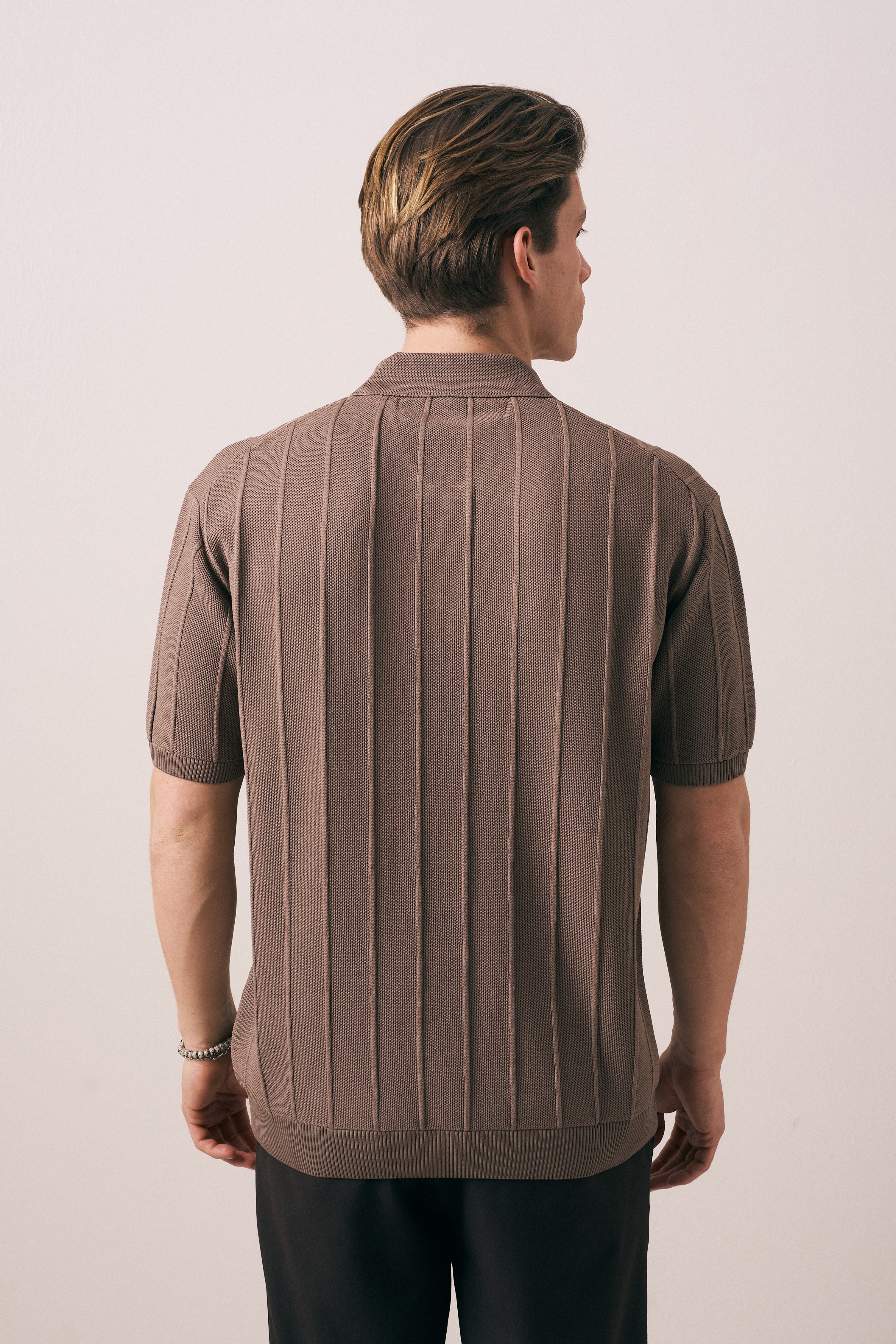 REGULAR FIT FİTİL ÖRGÜ DETAYLI FERMUARLI POLO TRİKO T-SHIRT