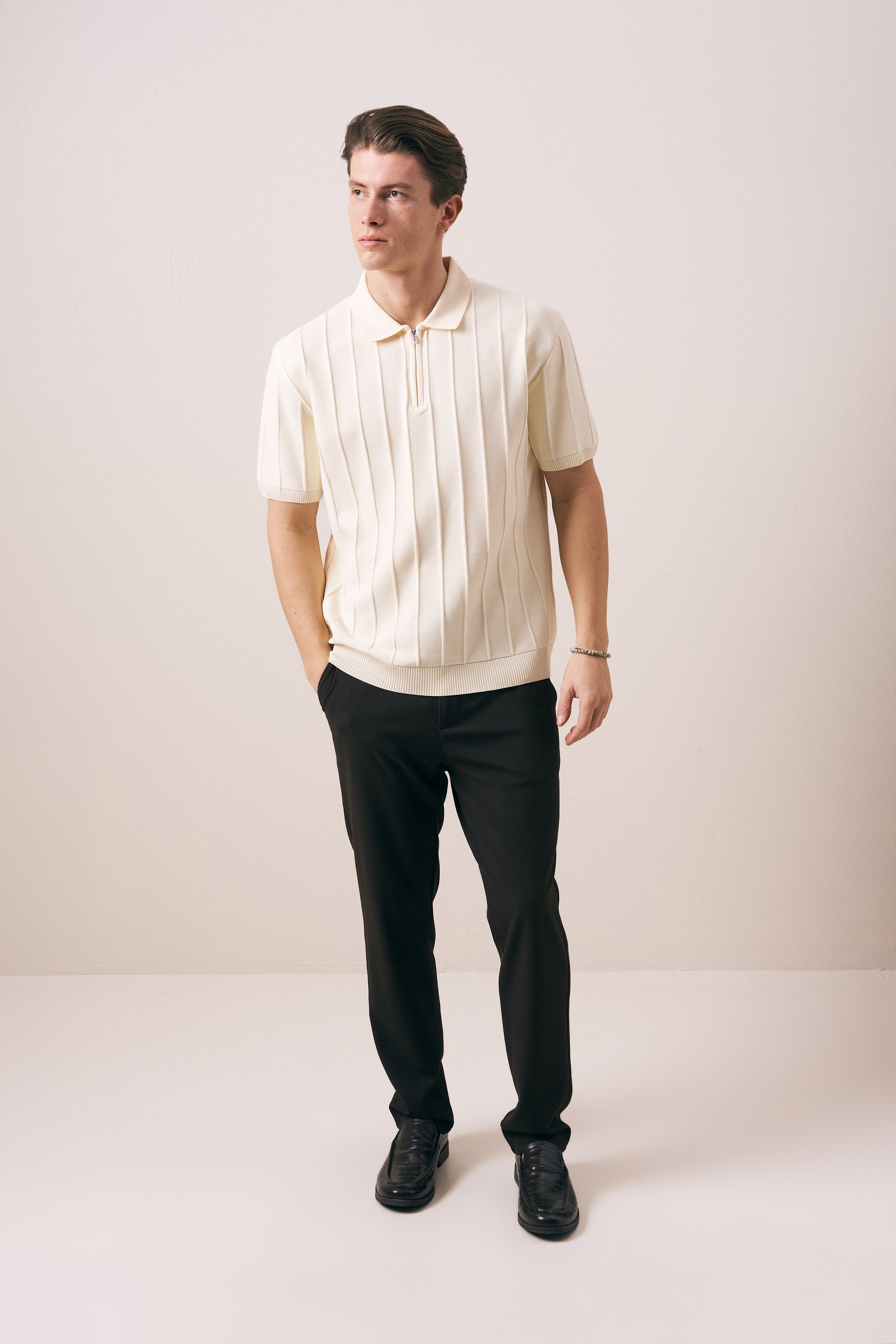 REGULAR FIT FİTİL ÖRGÜ DETAYLI FERMUARLI POLO TRİKO T-SHIRT
