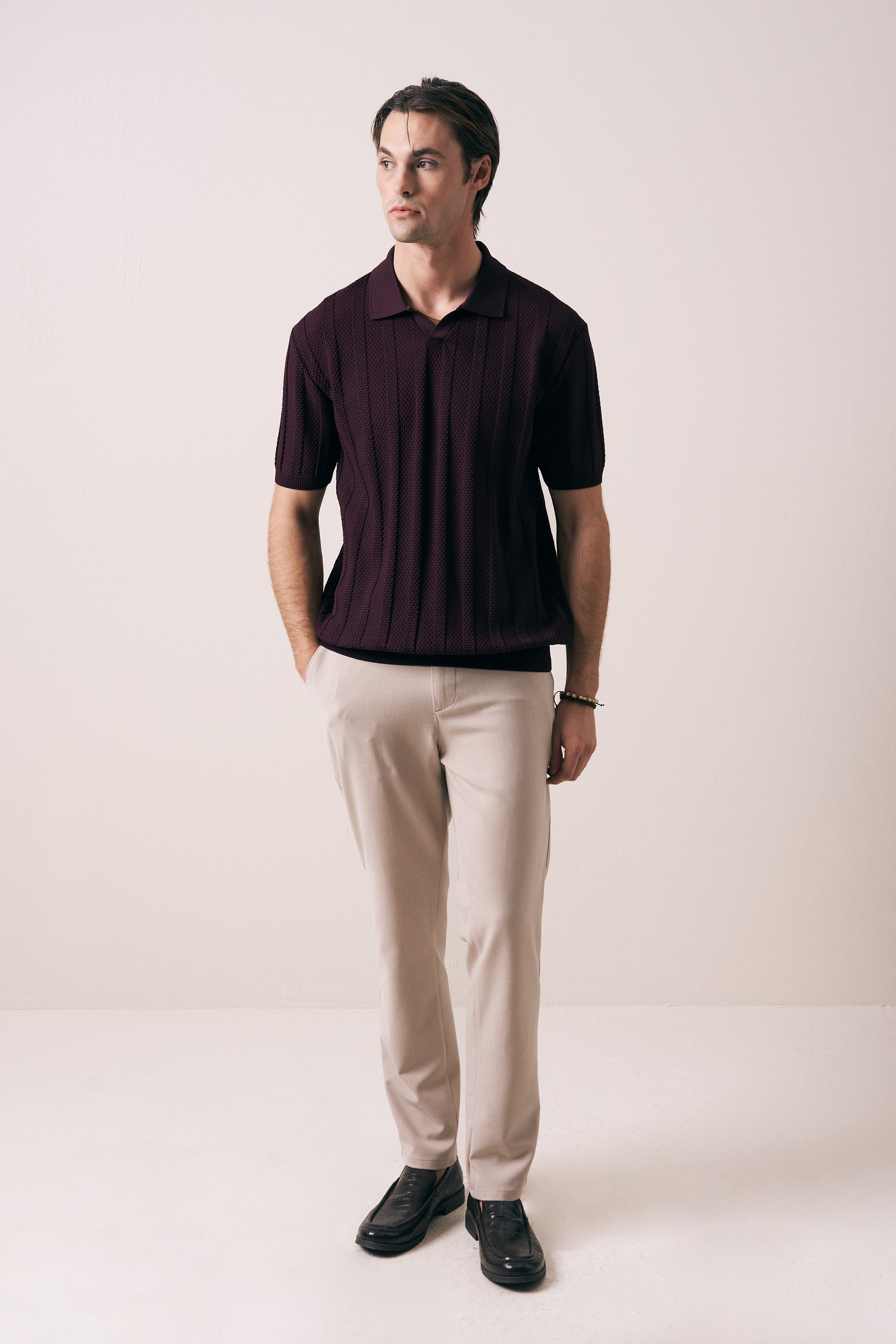 REGULAR FIT FİTİL ÖRGÜ DETAYLI V PAT TRİKO T-SHIRT