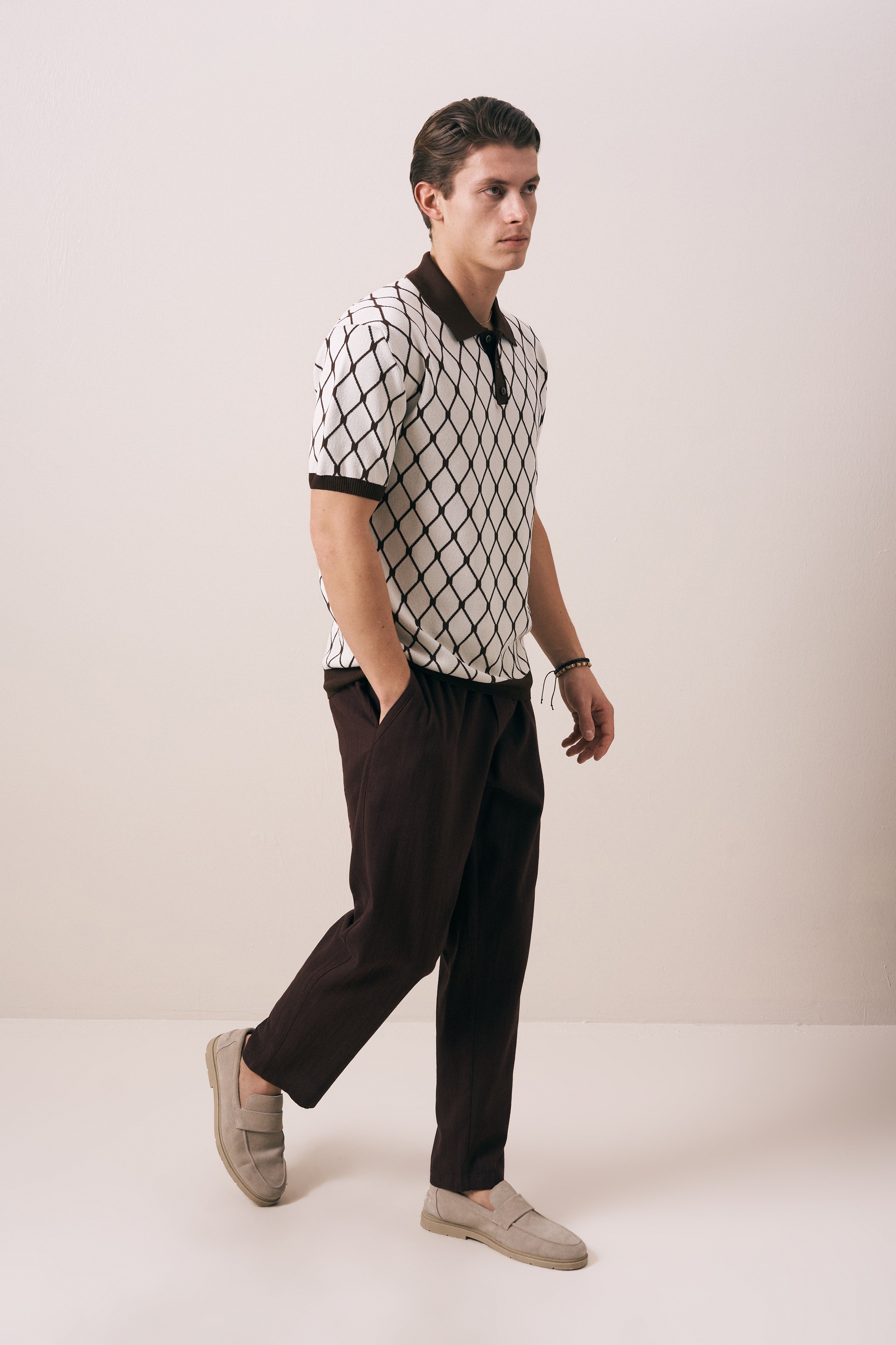 REGULAR FIT GEOMETRİK DESEN DÜĞMELİ POLO TRİKO T-SHIRT