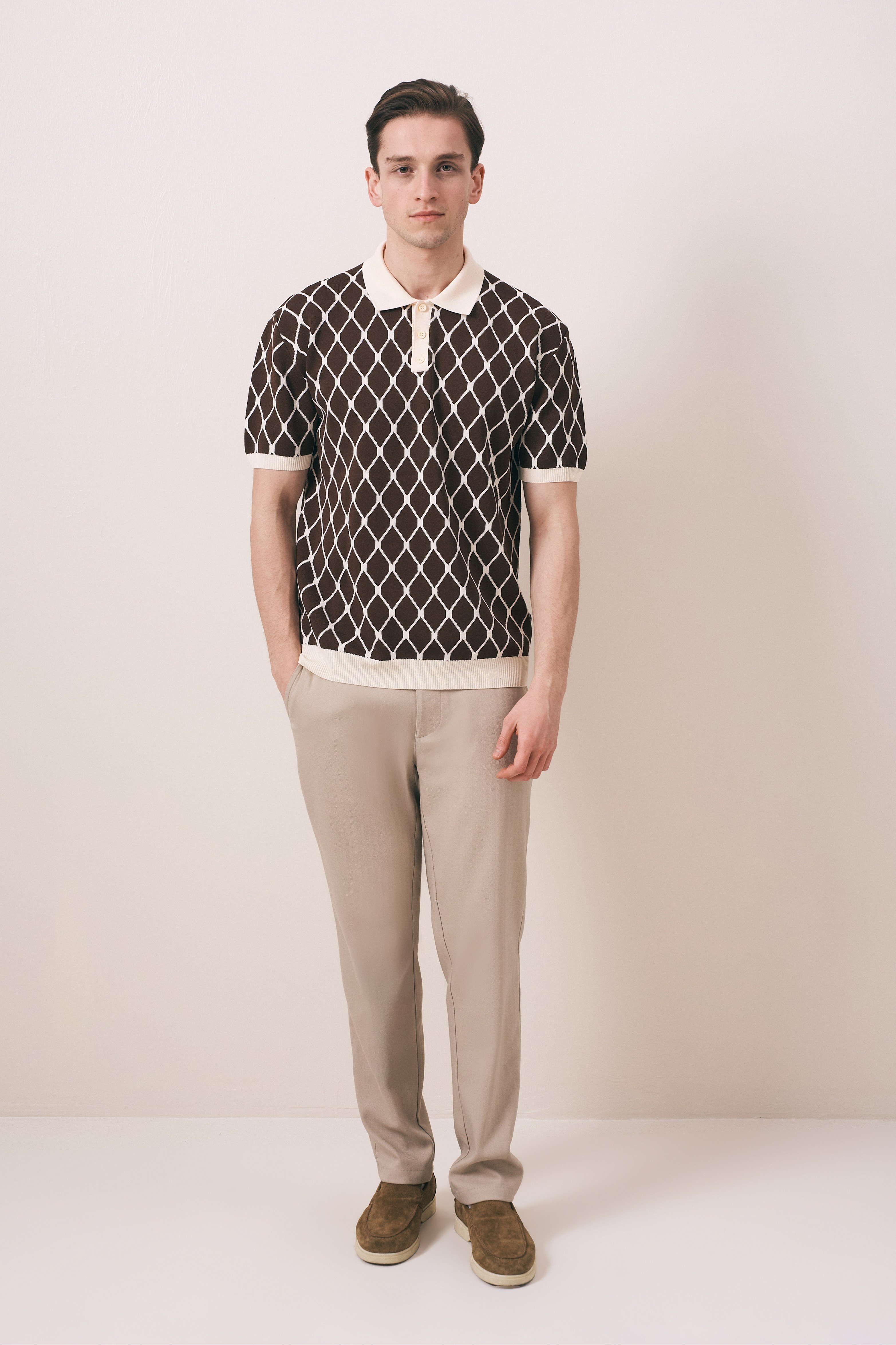 REGULAR FIT GEOMETRİK DESEN DÜĞMELİ POLO TRİKO T-SHIRT
