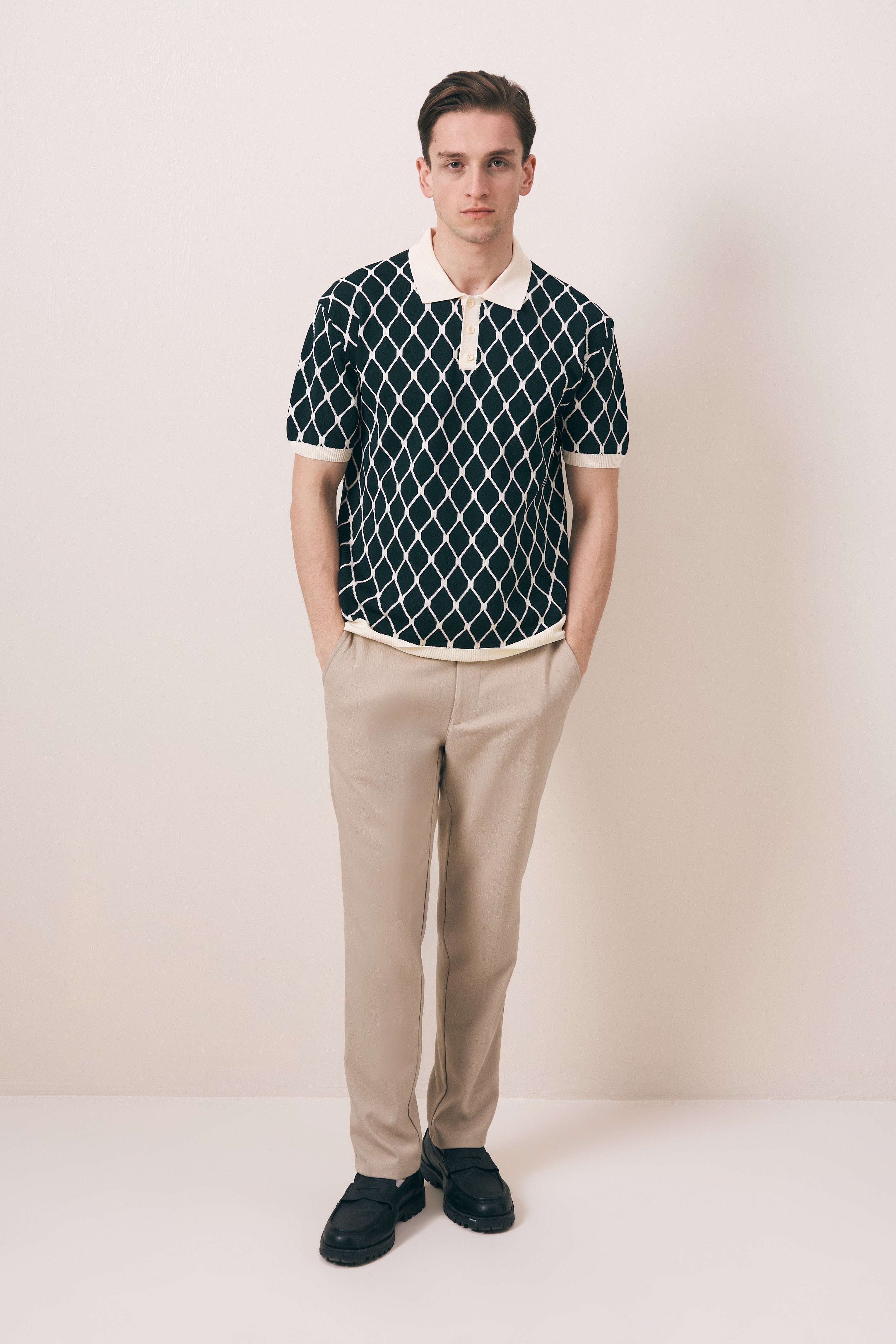 REGULAR FIT GEOMETRİK DESEN DÜĞMELİ POLO TRİKO T-SHIRT
