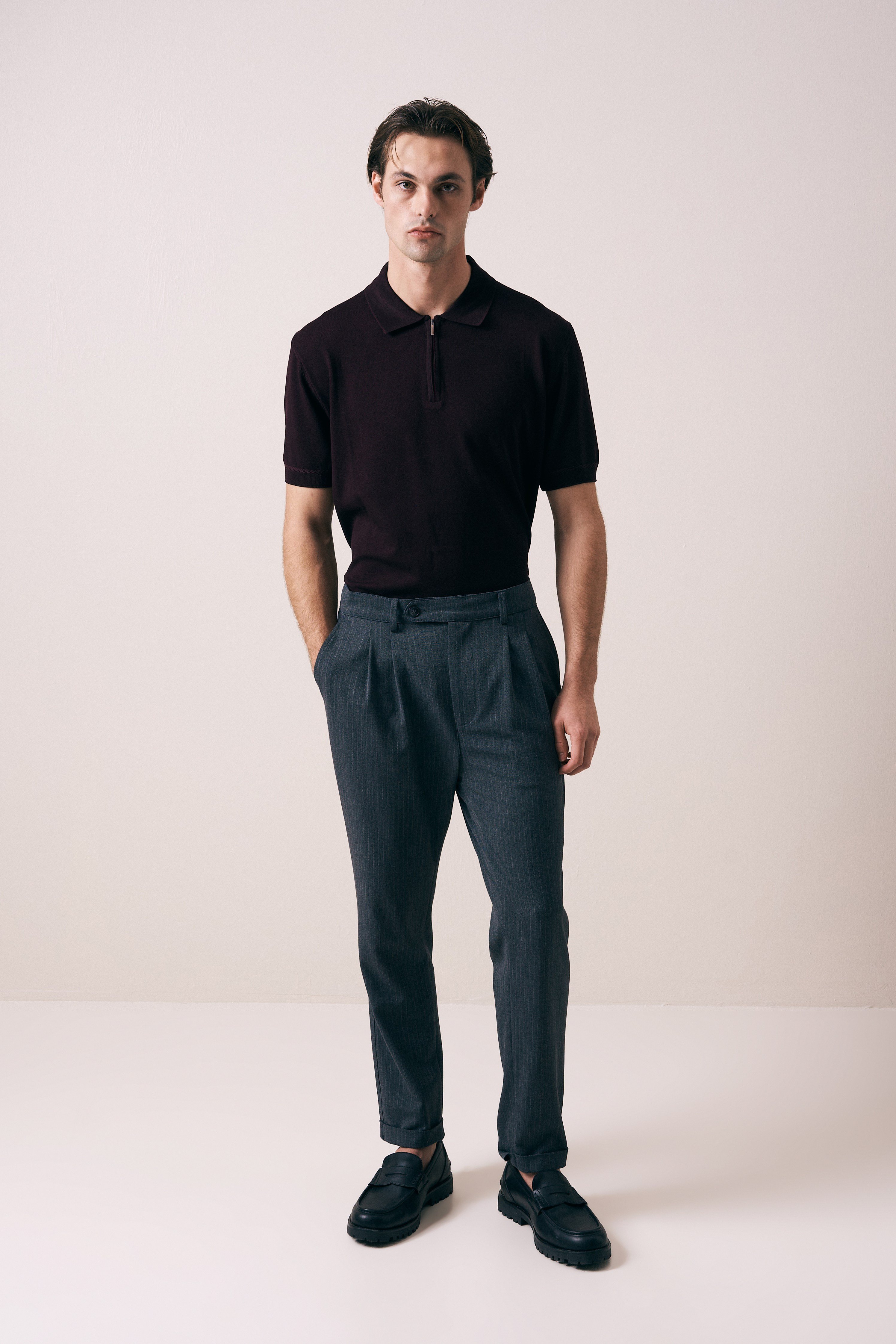 REGULAR FIT KOL ÖRGÜ DETAYLI FERMUARLI POLO TRİKO T-SHIRT