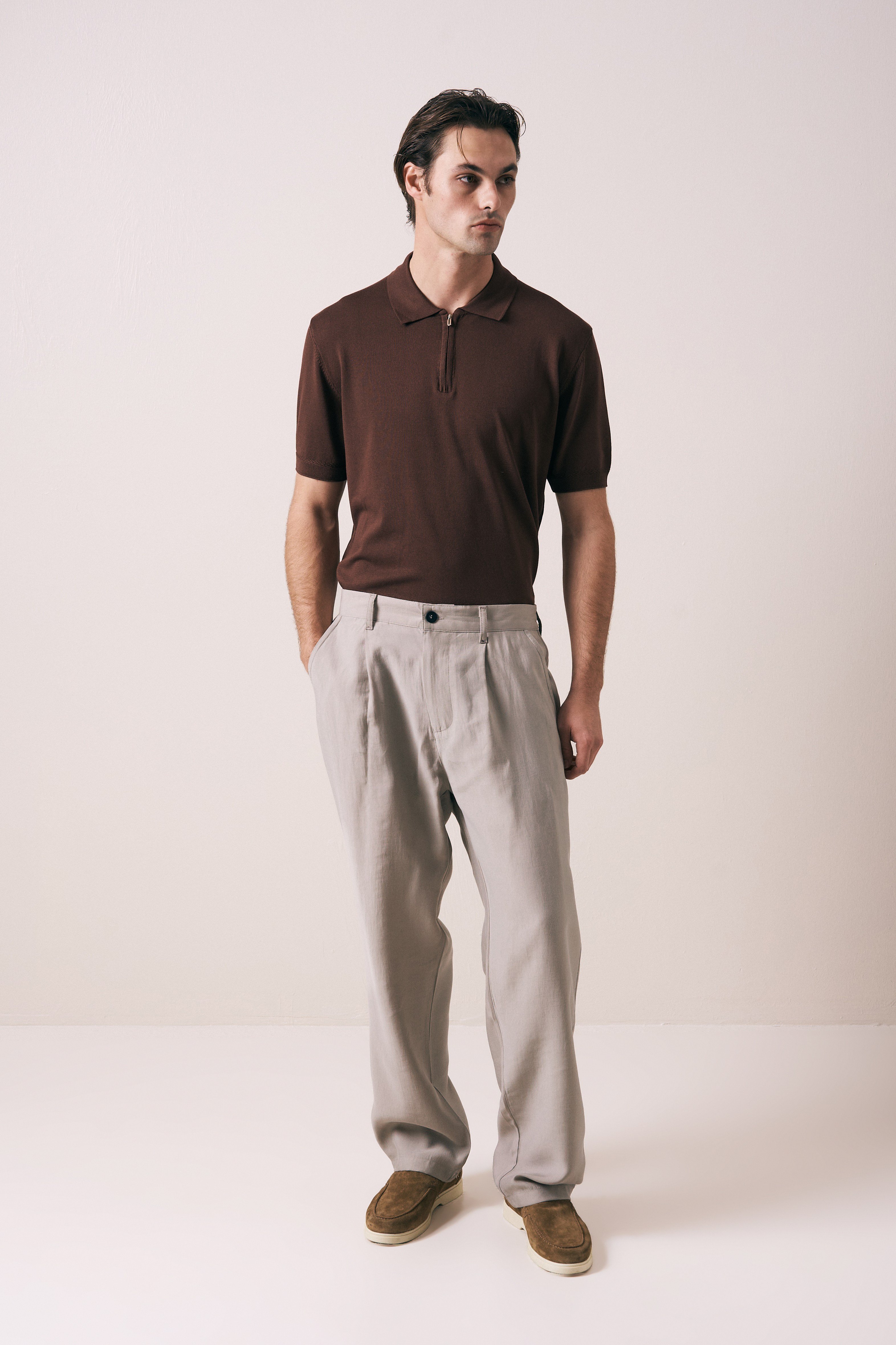 REGULAR FIT KOL ÖRGÜ DETAYLI FERMUARLI POLO TRİKO T-SHIRT