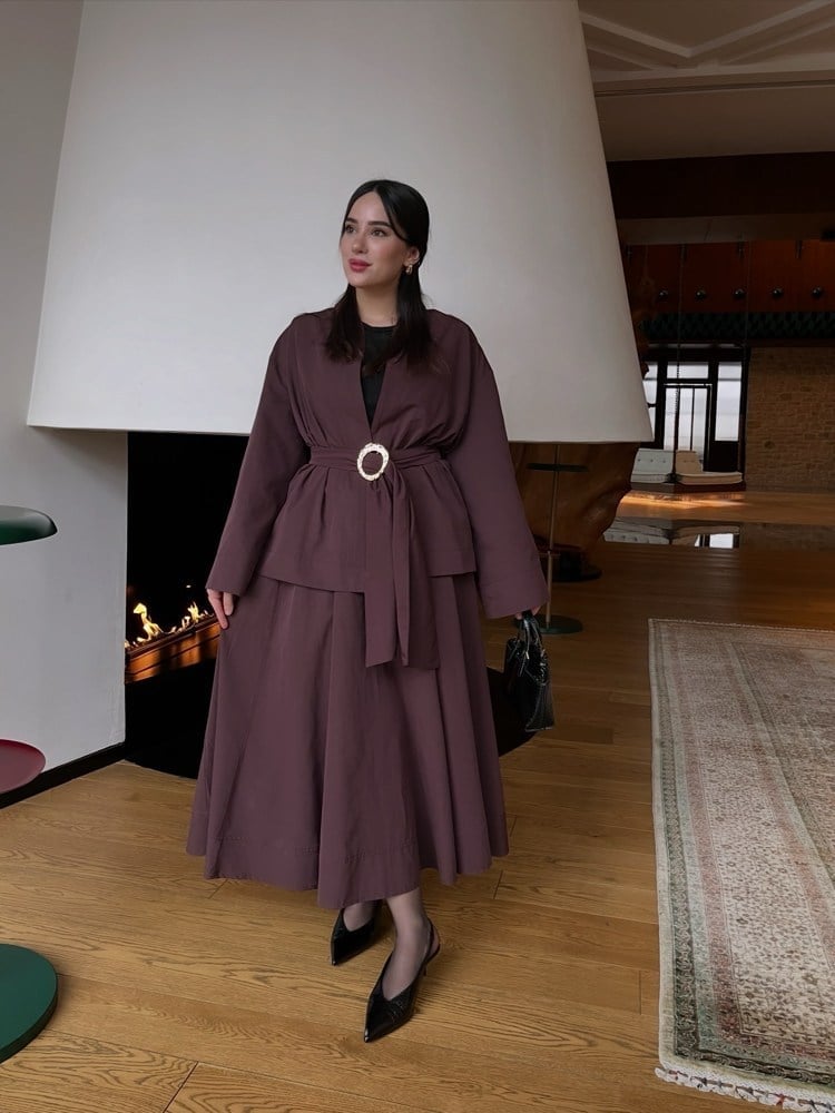 Lina Belted Kiloş Etek | Mürdüm