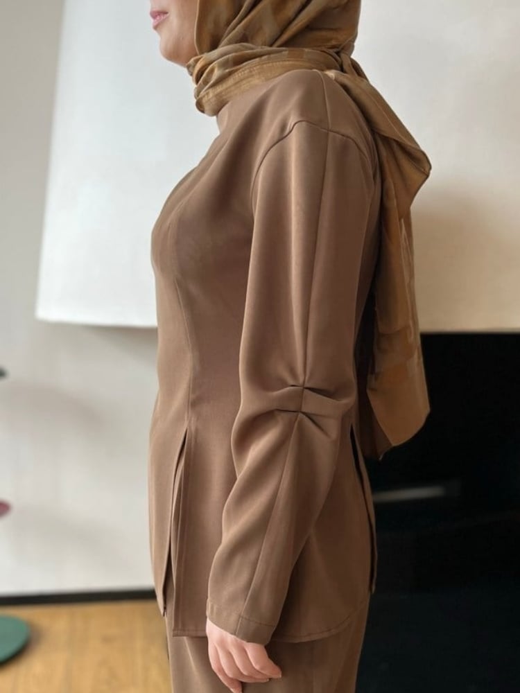 Mira Suit Drape Kol Bluz | Kakao Bej