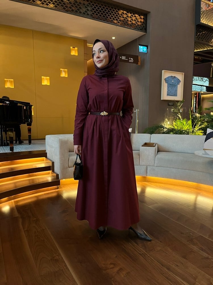 Poplin Manşetli Premium Gömlek Elbise | Bordo