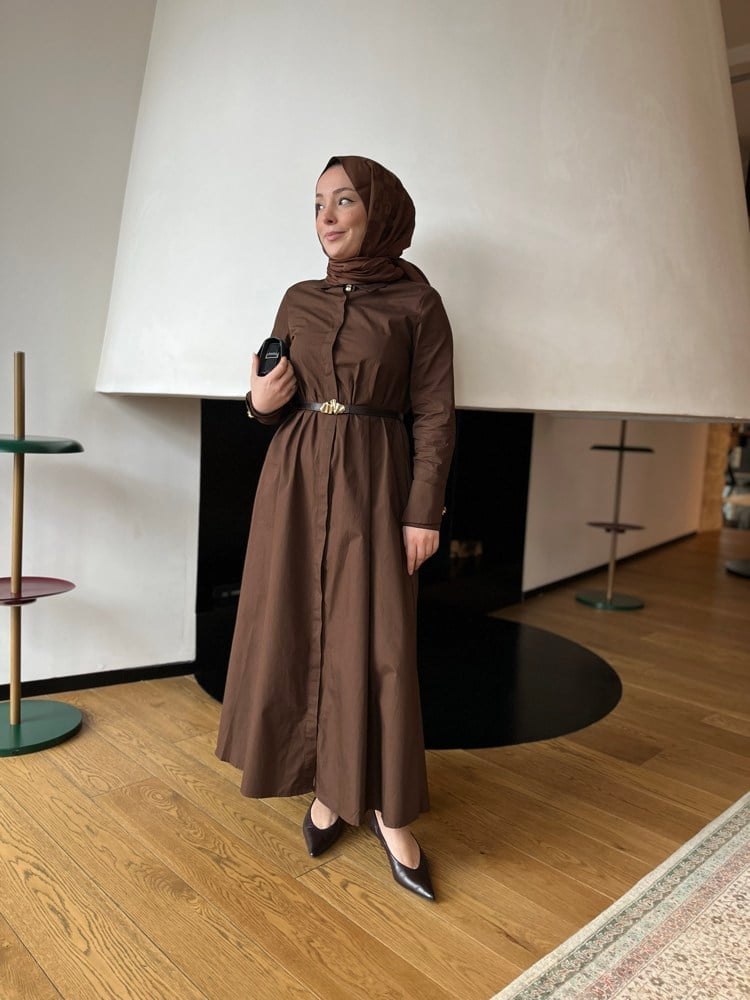 Poplin Manşetli Premium Gömlek Elbise | Acı Kahve