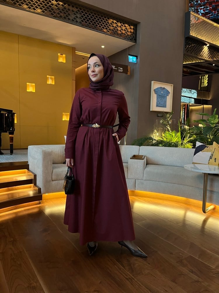 Poplin Manşetli Premium Gömlek Elbise | Bordo