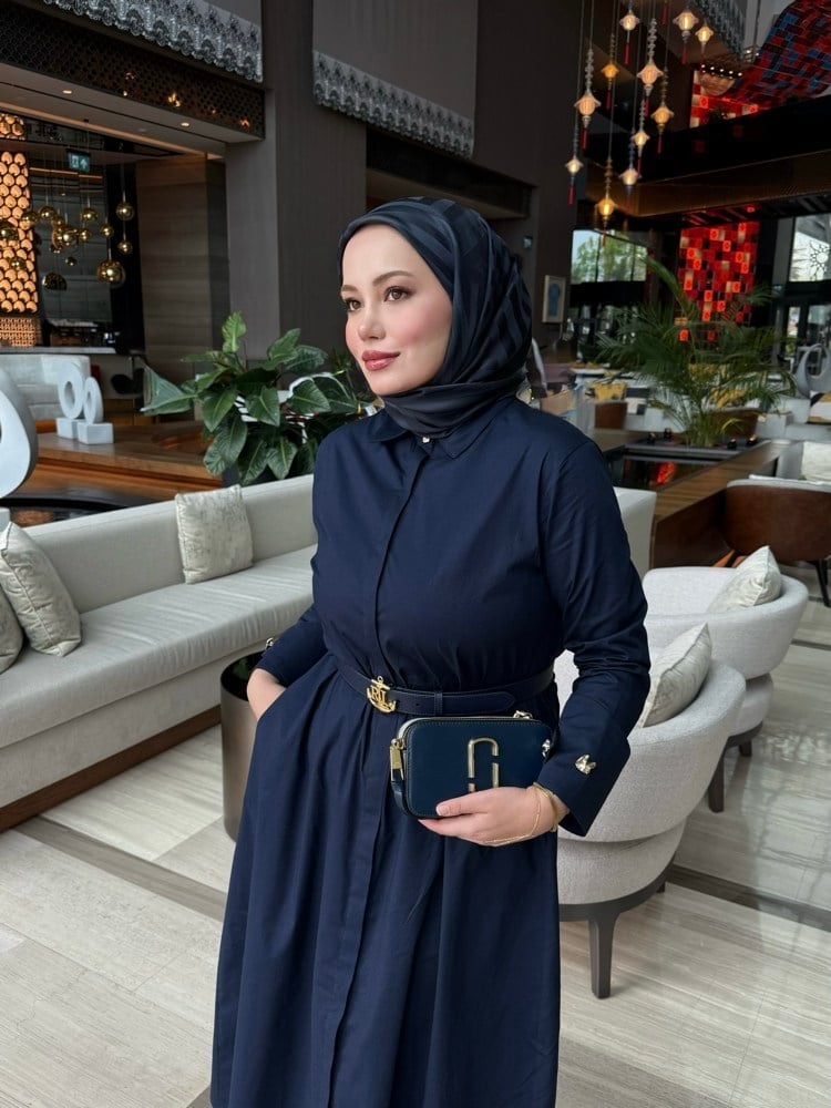 Poplin Manşetli Premium Gömlek Elbise | Lacivert (ön sipariş)