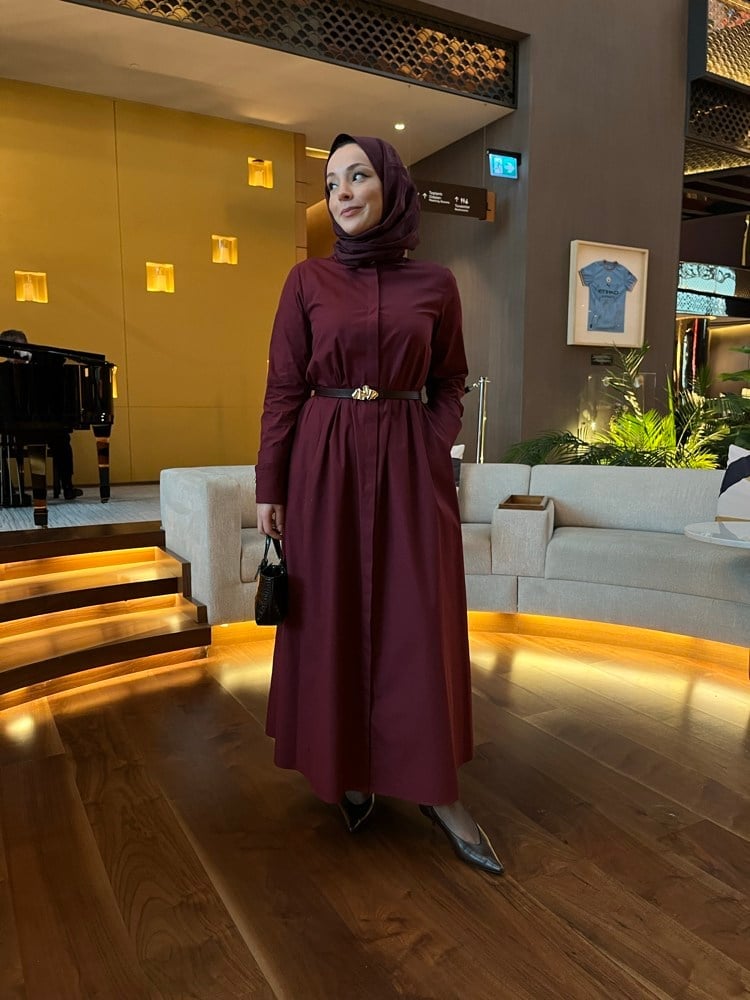 Poplin Manşetli Premium Gömlek Elbise | Bordo
