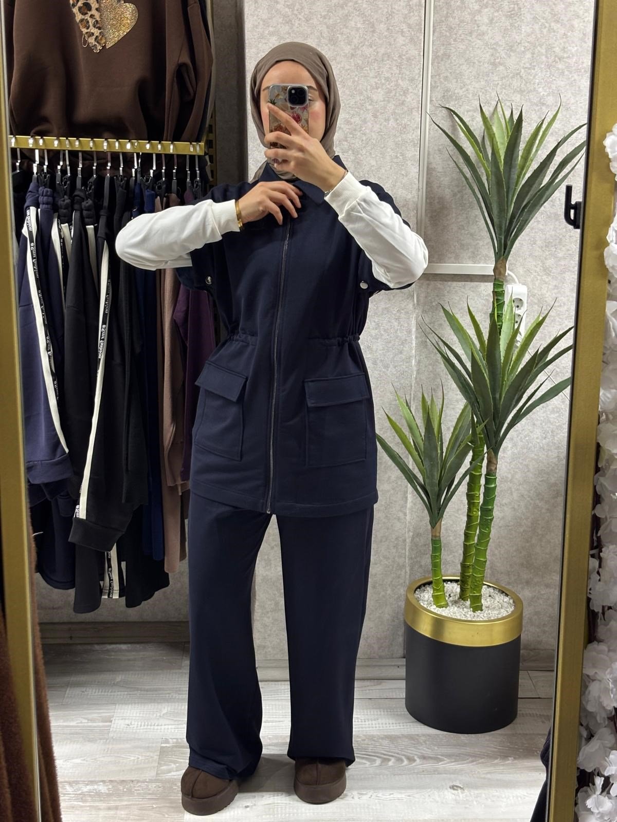 Fermuarlı Tunik, Pantolon Günlük Causal 3'lü Takım Şık & Rahat Stil Lacivert