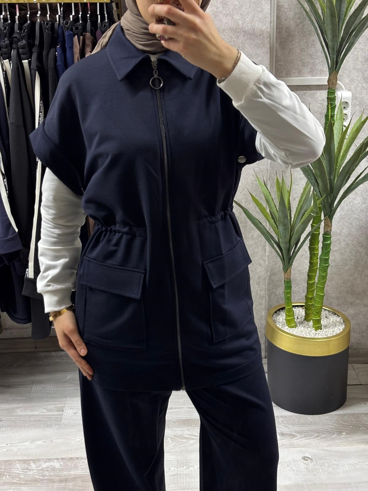 Fermuarlı Tunik, Pantolon Günlük Causal 3'lü Takım Şık & Rahat Stil Lacivert