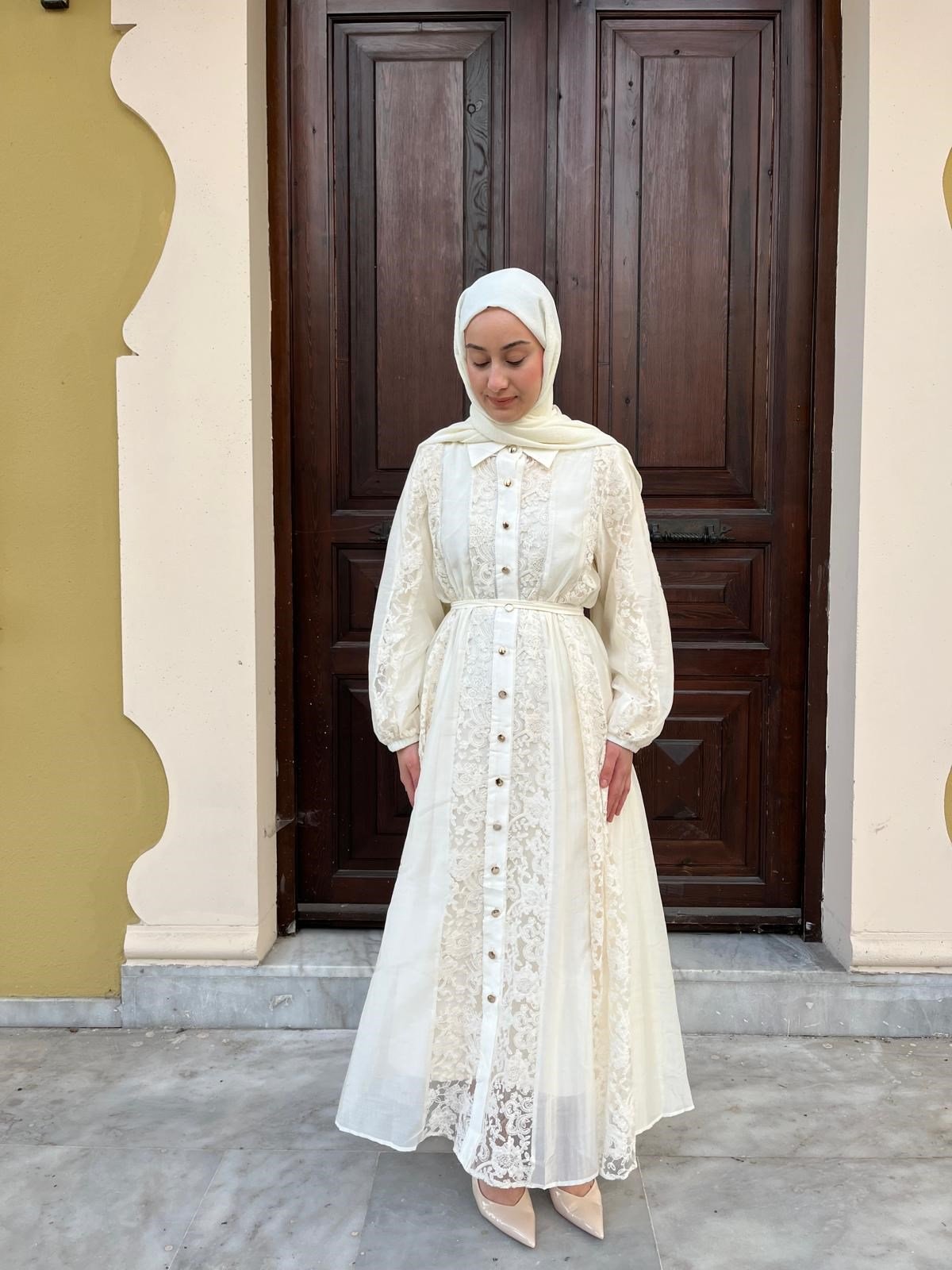 İthal Dantel Detaylı Uzun Elbise Beyaz