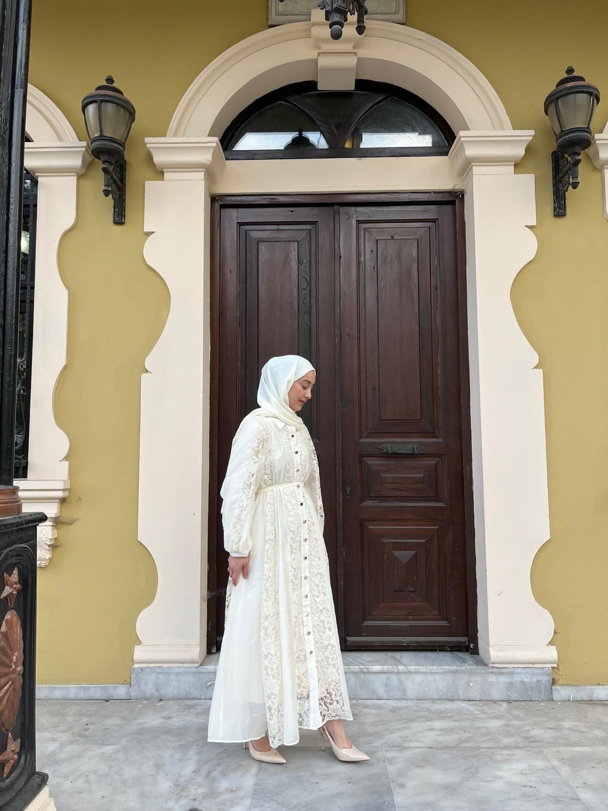 İthal Dantel Detaylı Uzun Elbise Beyaz