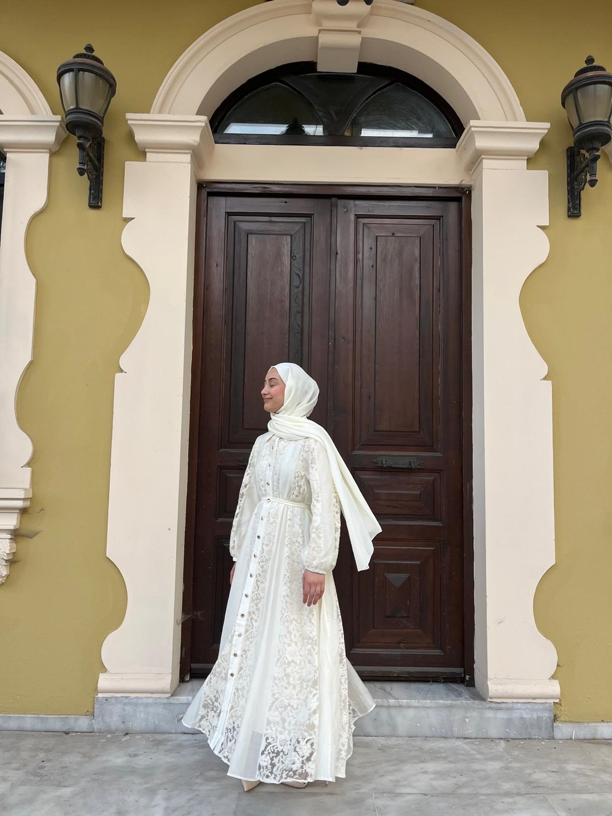 İthal Dantel Detaylı Uzun Elbise Beyaz