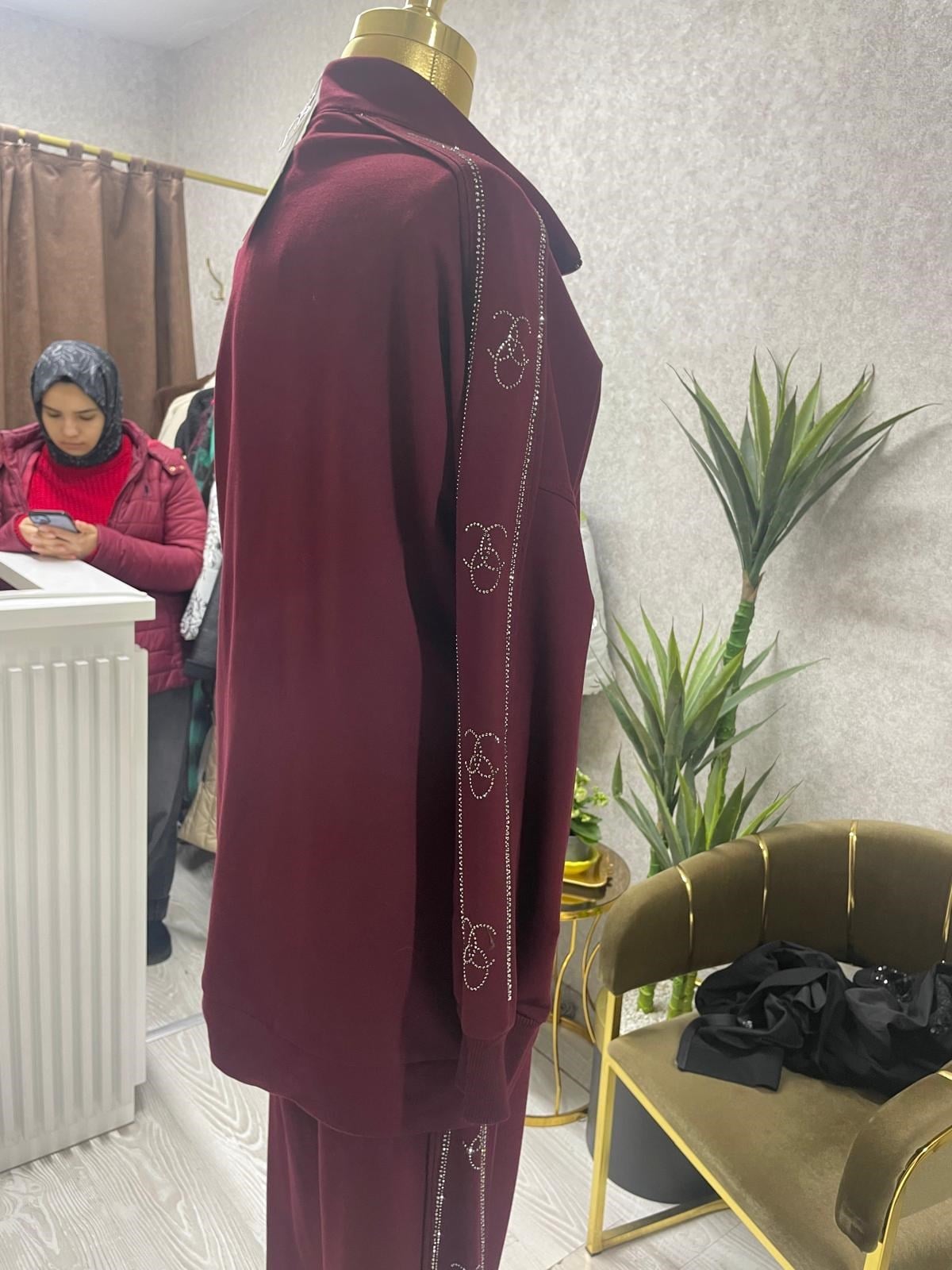 Yan Şerit Taş Detayliı Pamuklu Causal Outdoor Eşofman Takımı Bordo