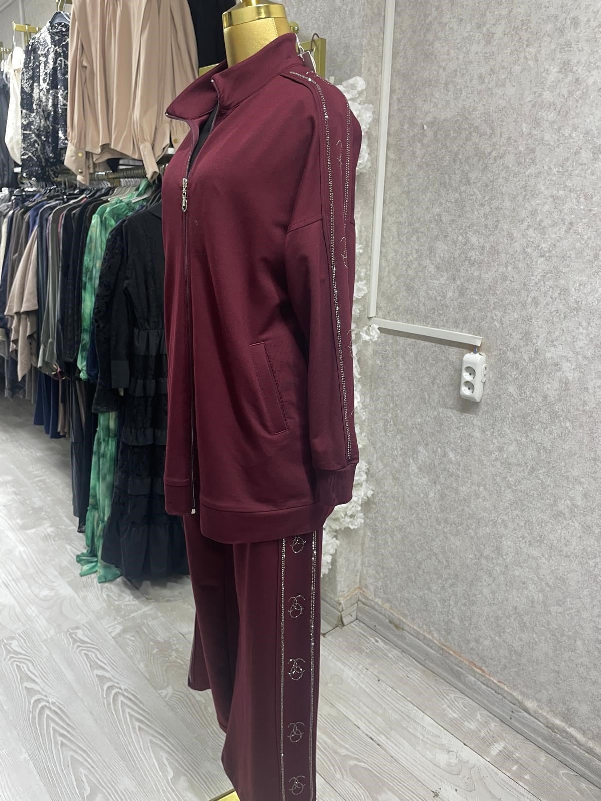 Yan Şerit Taş Detayliı Pamuklu Causal Outdoor Eşofman Takımı Bordo