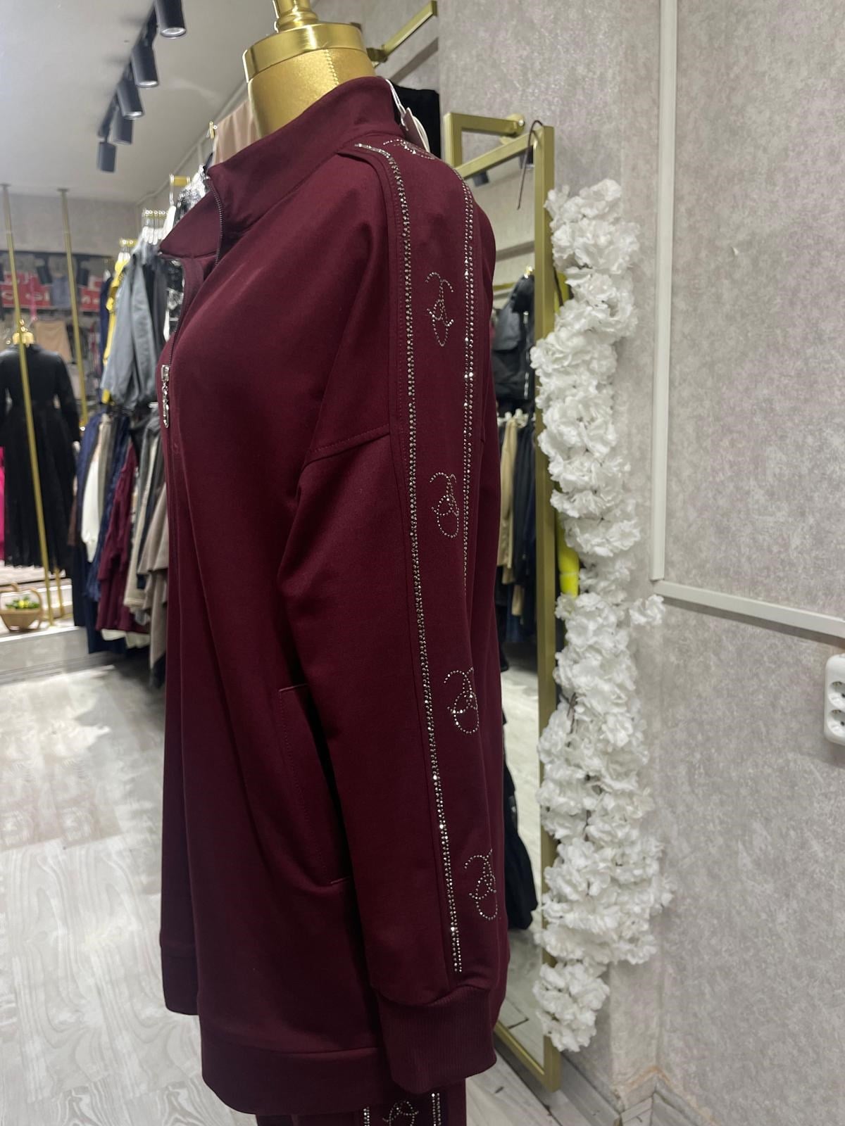 Yan Şerit Taş Detayliı Pamuklu Causal Outdoor Eşofman Takımı Bordo