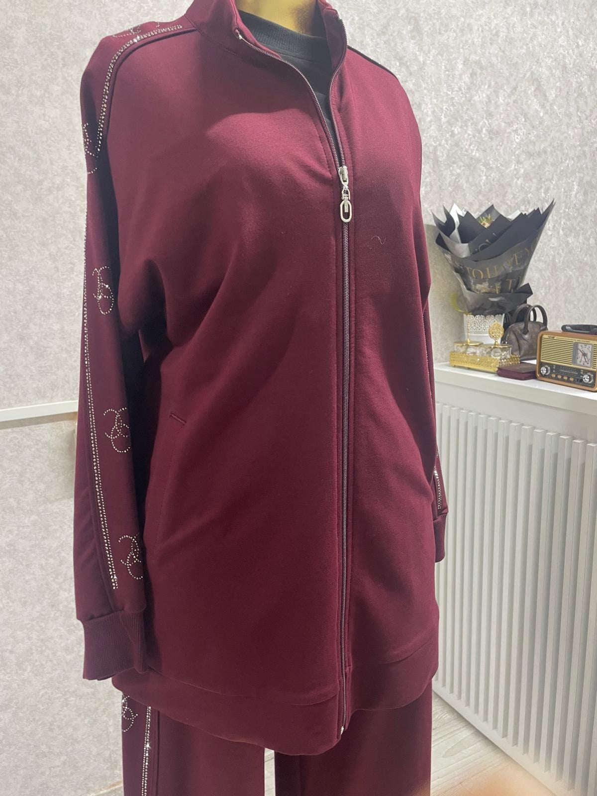 Yan Şerit Taş Detayliı Pamuklu Causal Outdoor Eşofman Takımı Bordo