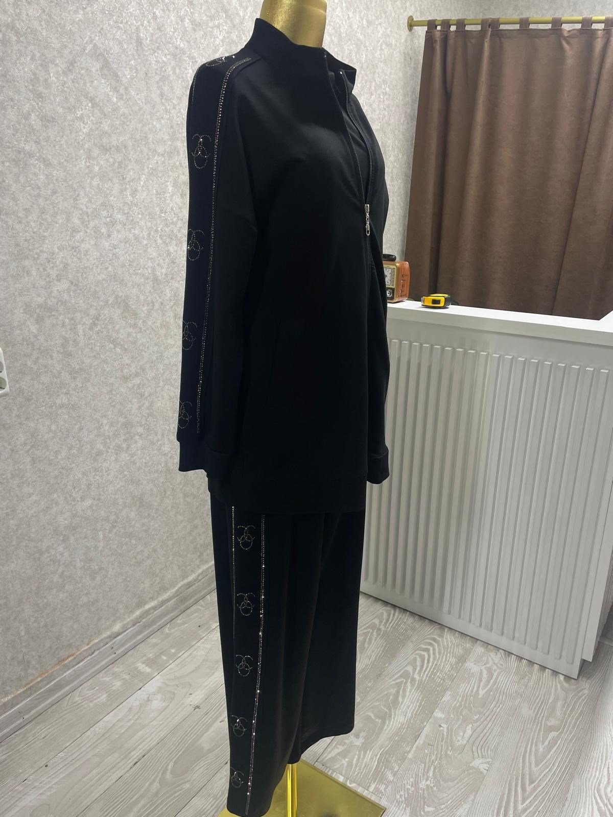 Yan Şerit Taş Detayliı Pamuklu Causal Outdoor Eşofman Takımı Siyah