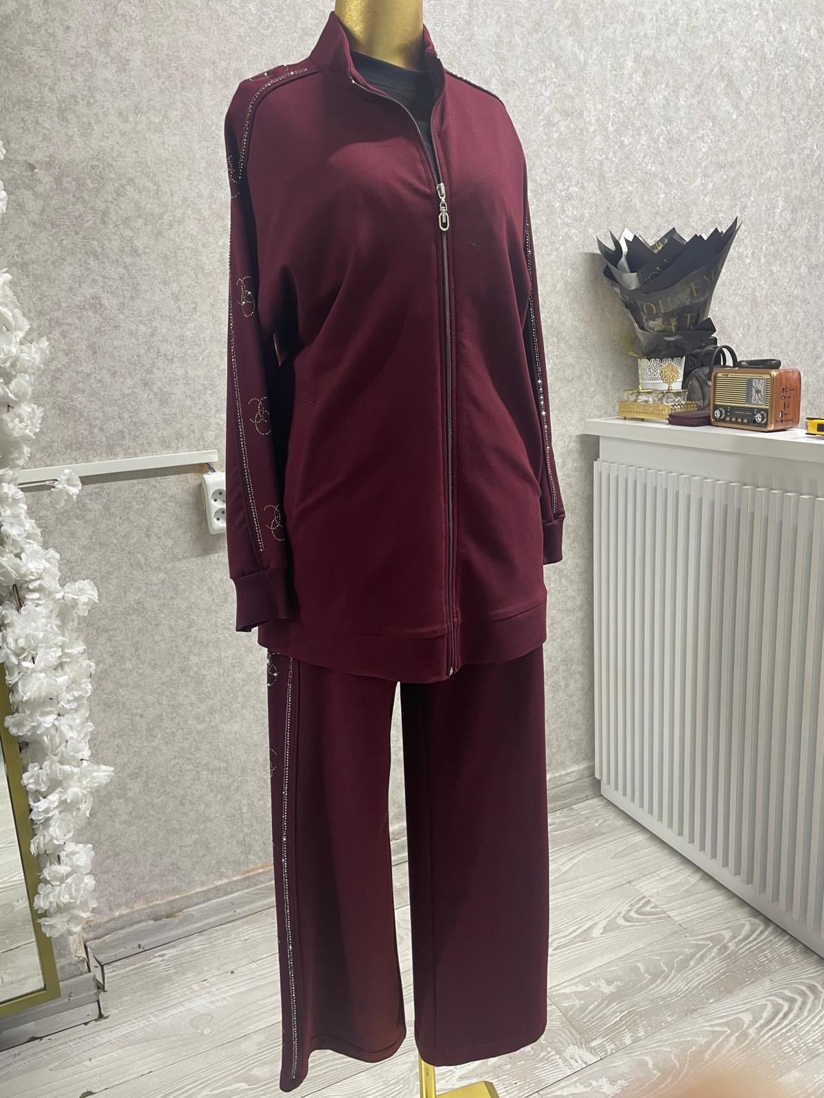Yan Şerit Taş Detayliı Pamuklu Causal Outdoor Eşofman Takımı Bordo