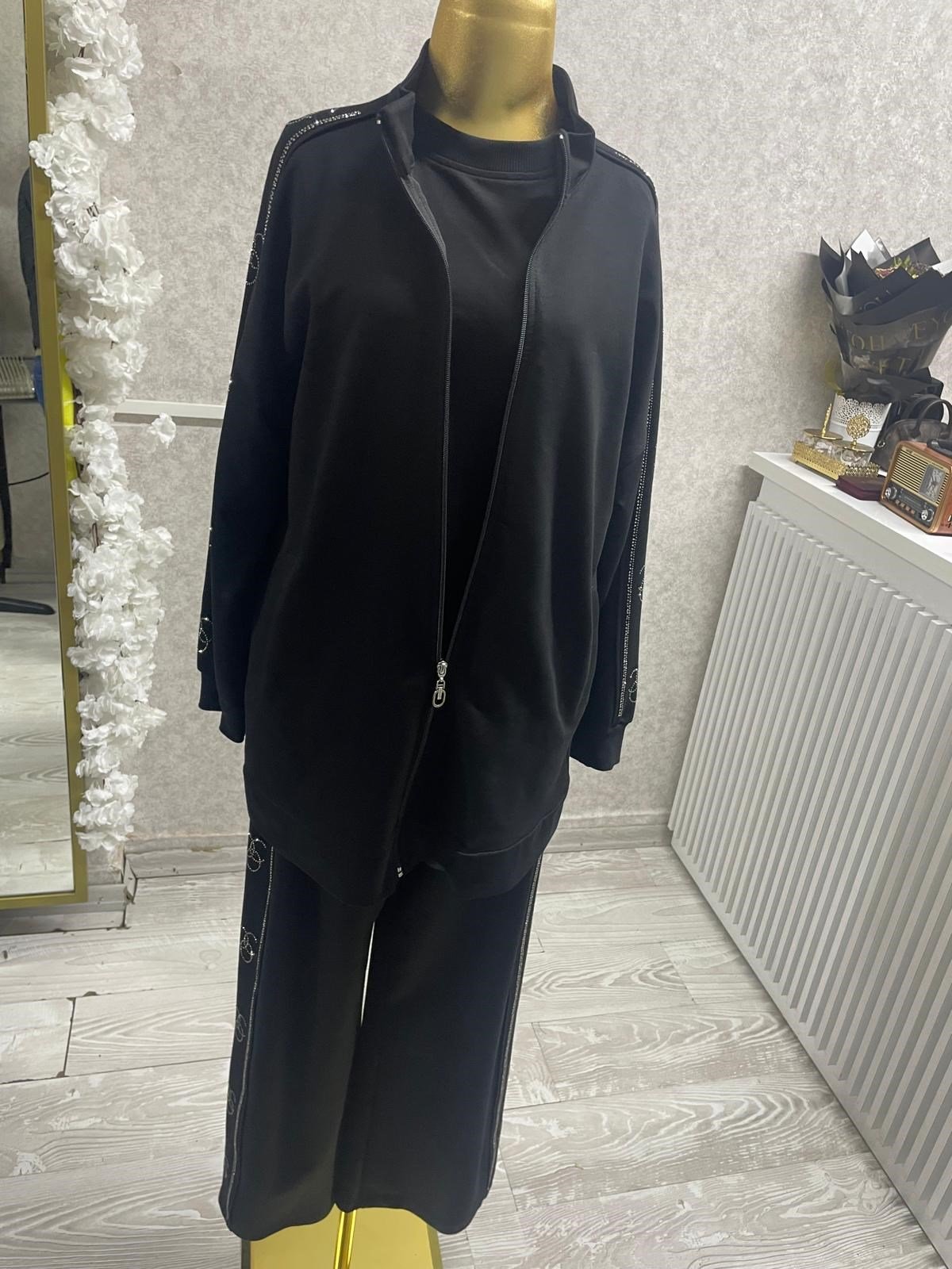 Yan Şerit Taş Detayliı Pamuklu Causal Outdoor Eşofman Takımı Siyah