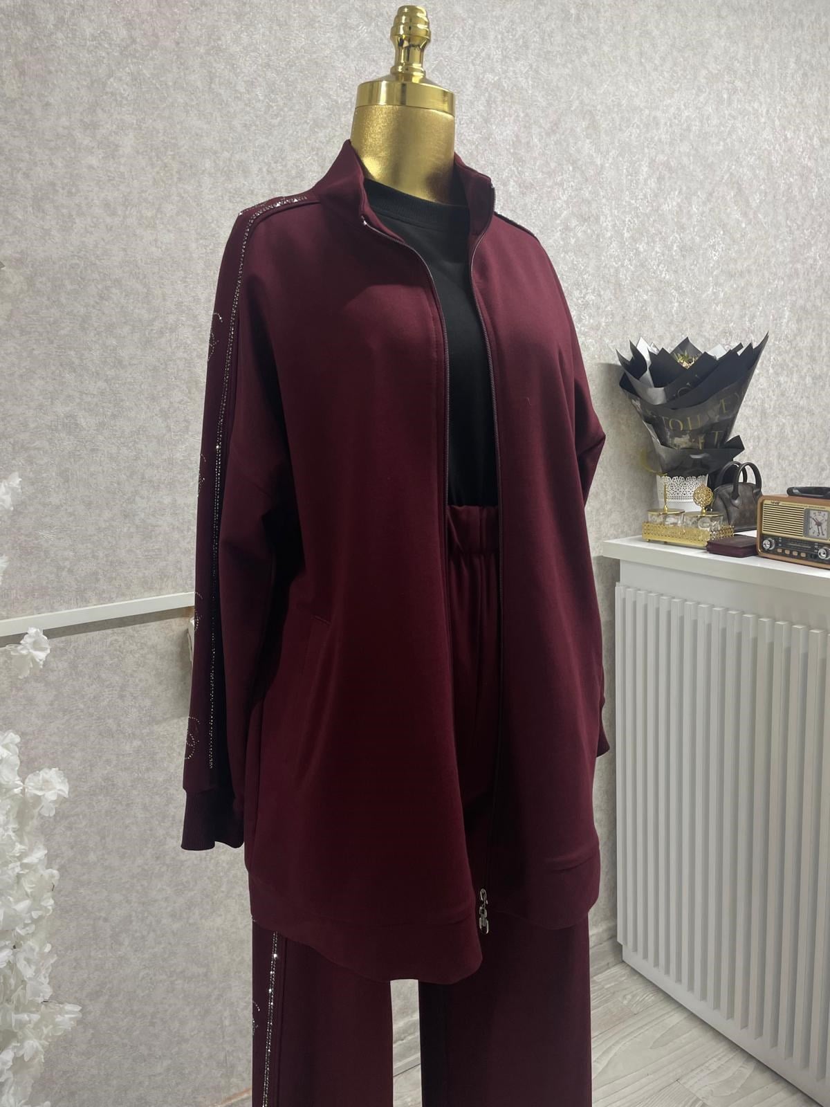 Yan Şerit Taş Detayliı Pamuklu Causal Outdoor Eşofman Takımı Bordo
