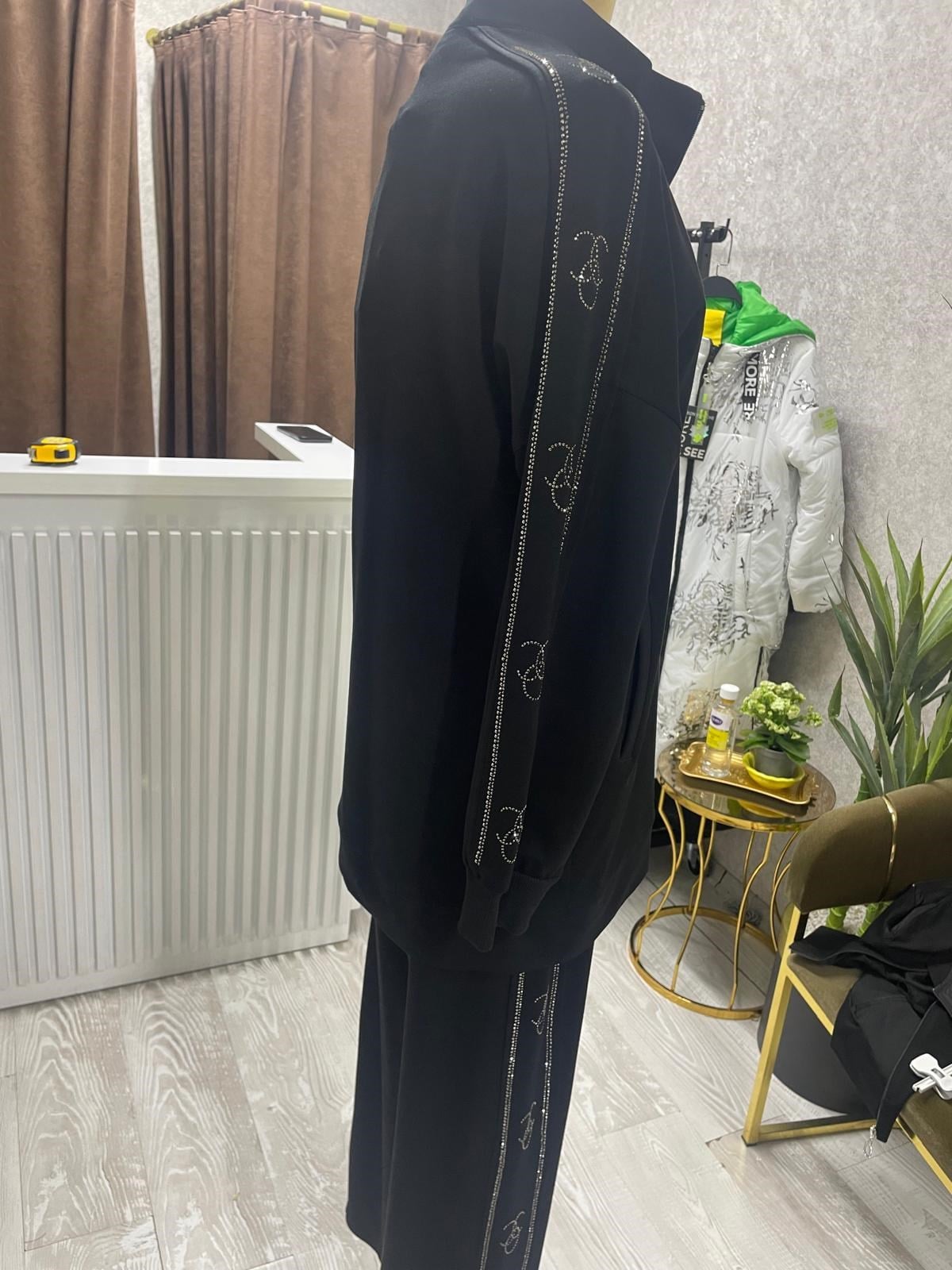 Yan Şerit Taş Detayliı Pamuklu Causal Outdoor Eşofman Takımı Siyah