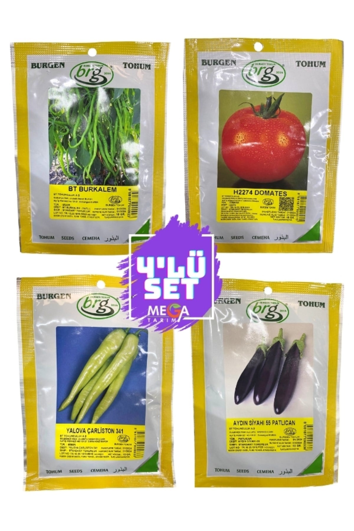 4'LÜ BURSA TOHUM SETİ (TATLI KIL BİBER-H2274 DOMATES-YALOVA ÇARLİSTON BİBER-AYDIN PATLİCAN ) 10 GR.