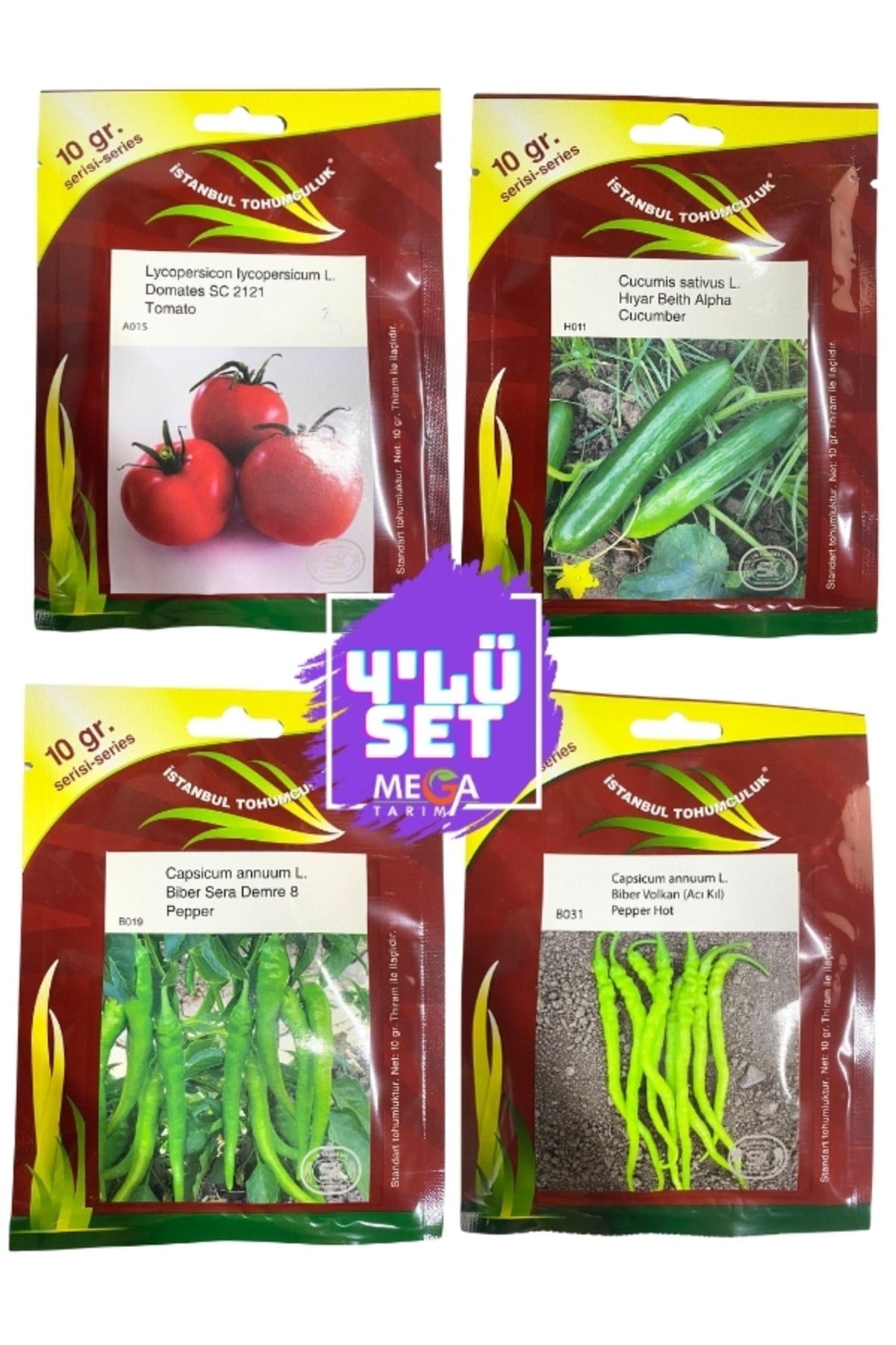 4'LÜ TOHUM SETİ( DOMATES SC 2121- BEİTH ALPHA HIYAR-TATLI DEMRE-ACI KIL BİBER) 10 GR'LIK PAKET