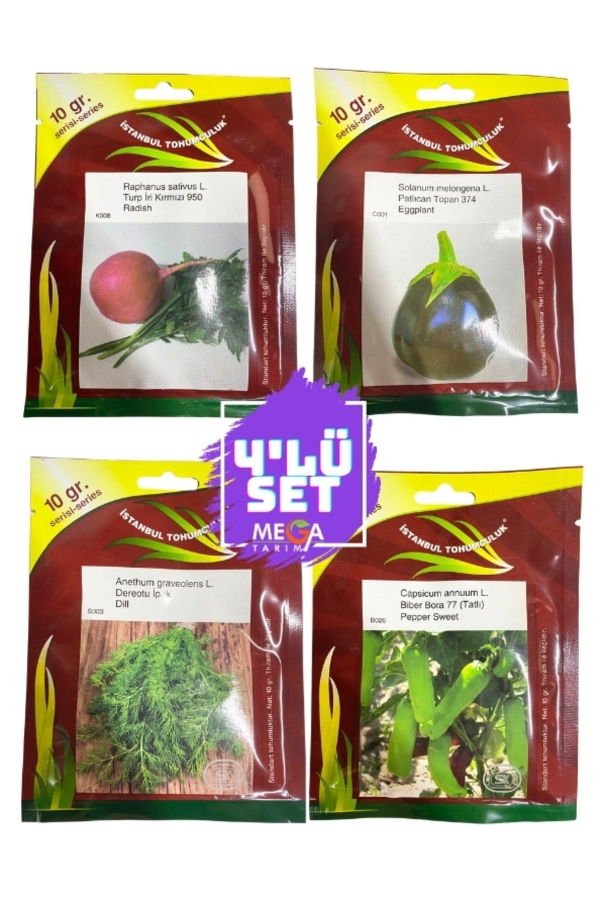 4'LÜ TOHUM SETİ (İRİ KIRMIZI TURP- TOP PATLİCAN-DEREOTU-TATLI KÖY BİBERİ) 10 GR'LIK PAKET