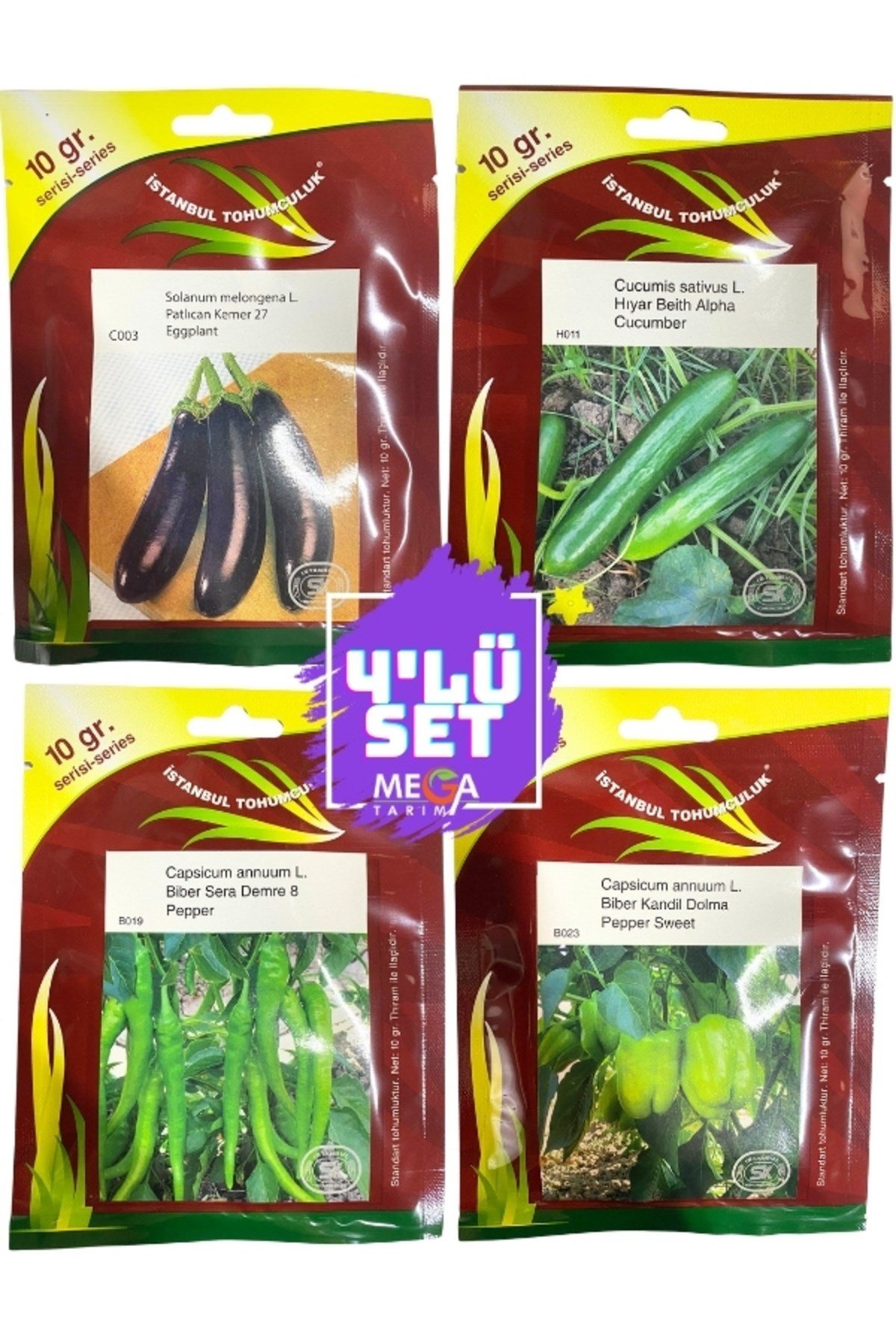 4'LÜ TOHUM SETİ ( PATLİCAN KEMER- BEİTH ALPHA HIYAR-DEMRE BİBER-DOLMALIK BİBER) 10 GR'LIK PAKET