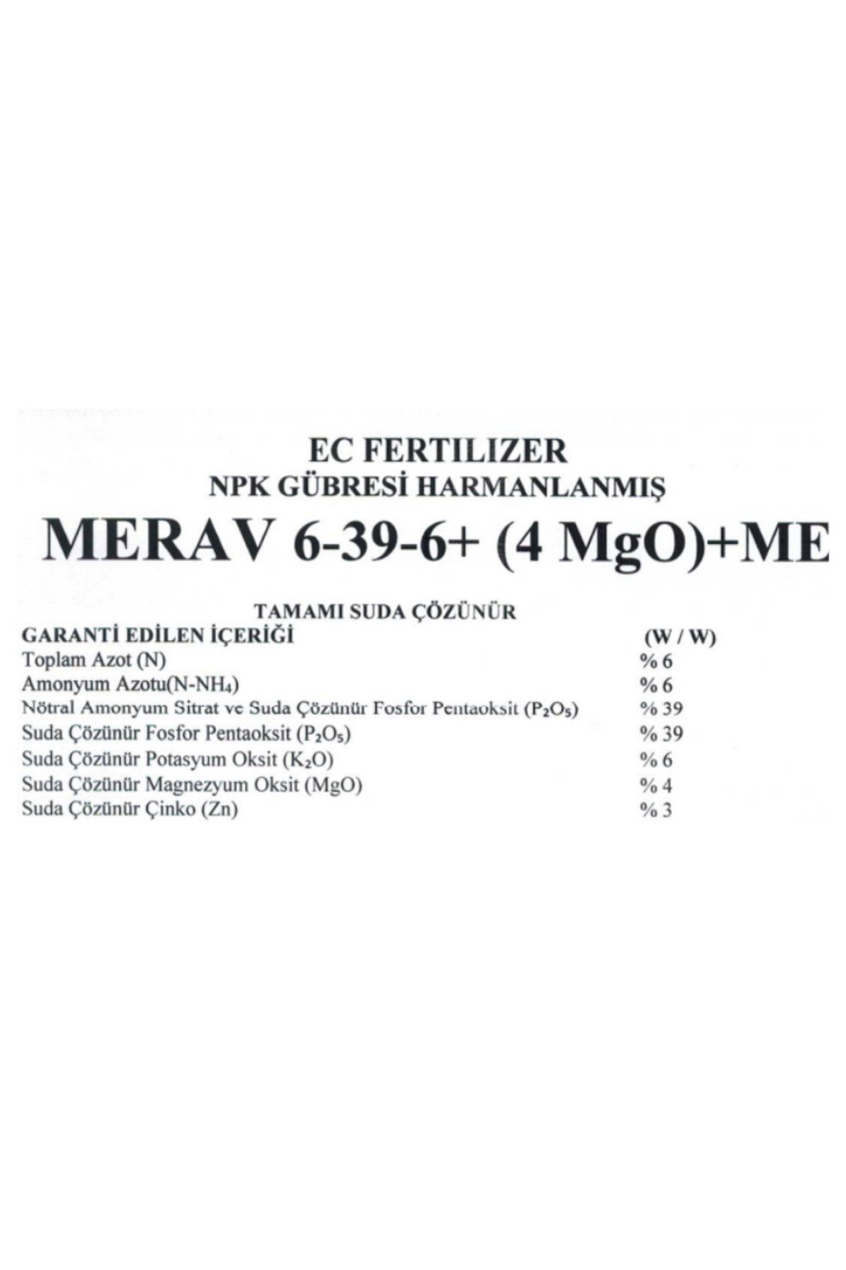 6-39-6 + 4(MgO)+ 3 Zn + ME 1 Kg Toz Bitki Coşturan Yaprak gübresi