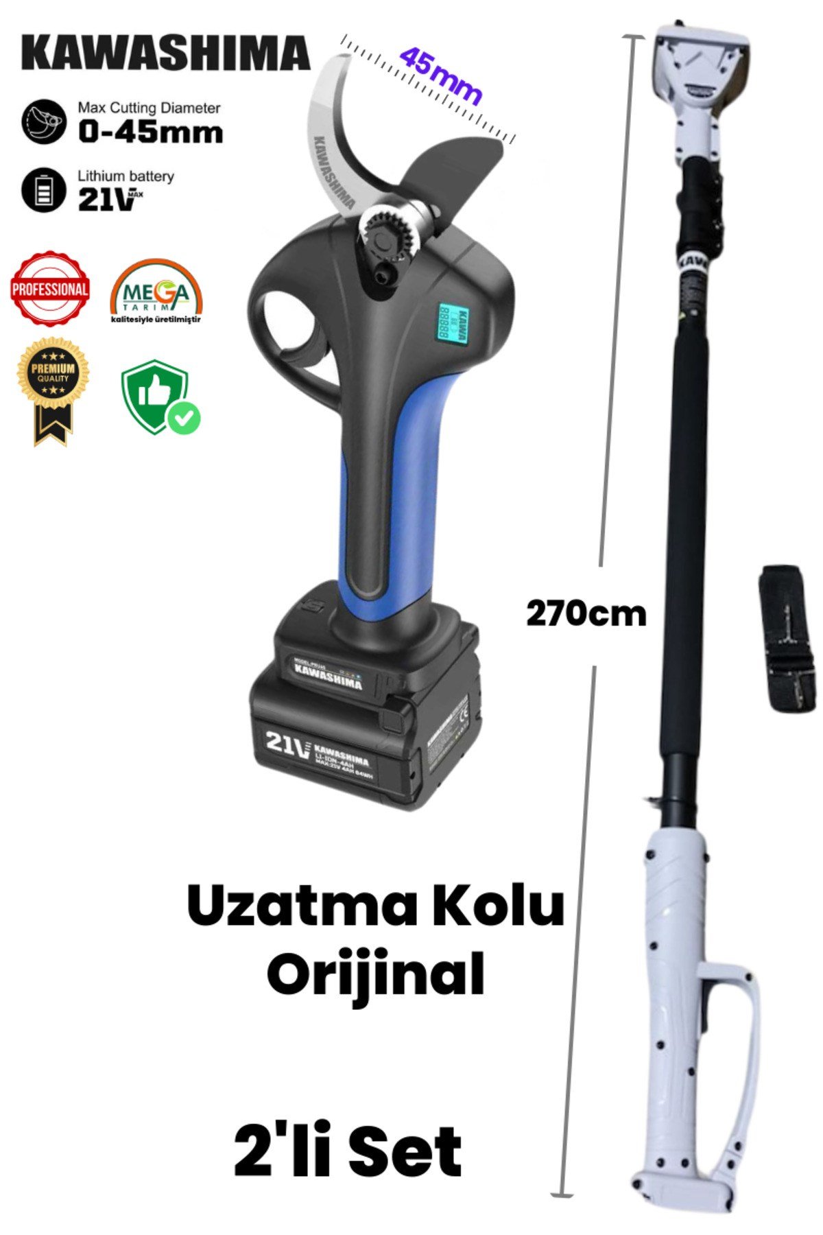 MEGA TARIM 45mm Akülü Budama Makası ve Uzatma Sapı Dahil 21 Volt 4 aH Çift Bataryalı Bel Taşımalı