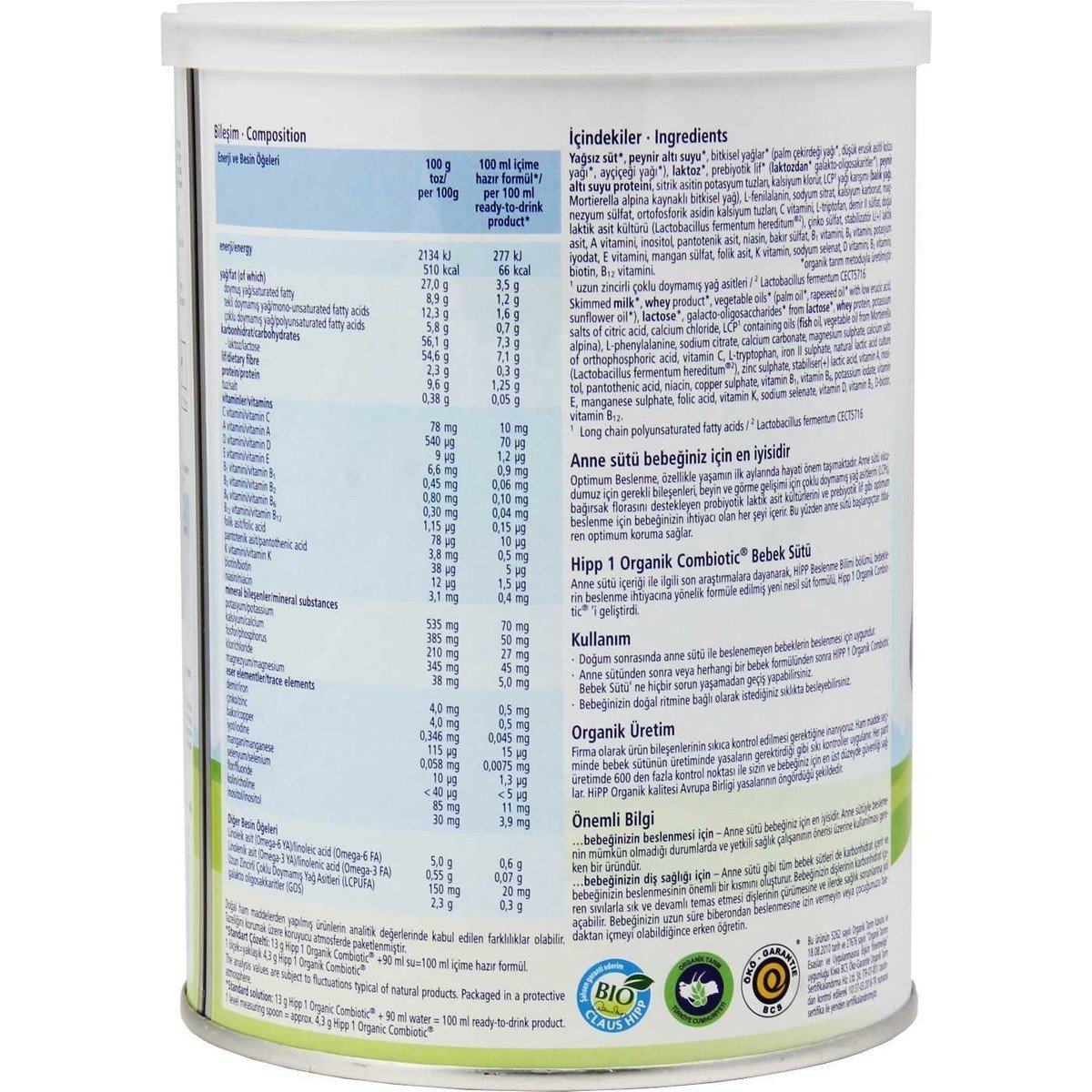 1 Organik Combiotic Bebek Sütü 350gr 12 Adet