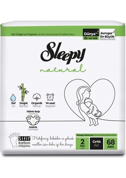 Natural Jumbo Bebek Bezi Mini 2 Numara 3 - 6 kg Bantlı Bez 68 Adet