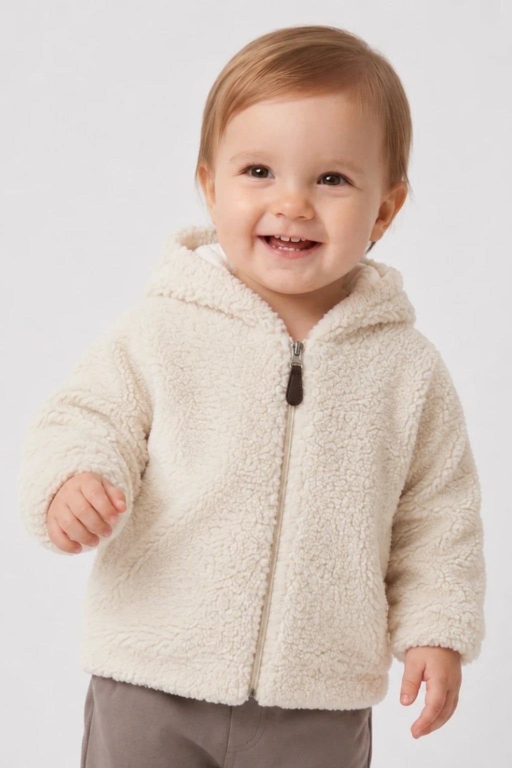 Bebek Kapüşonlu Peluş Mont Ekru