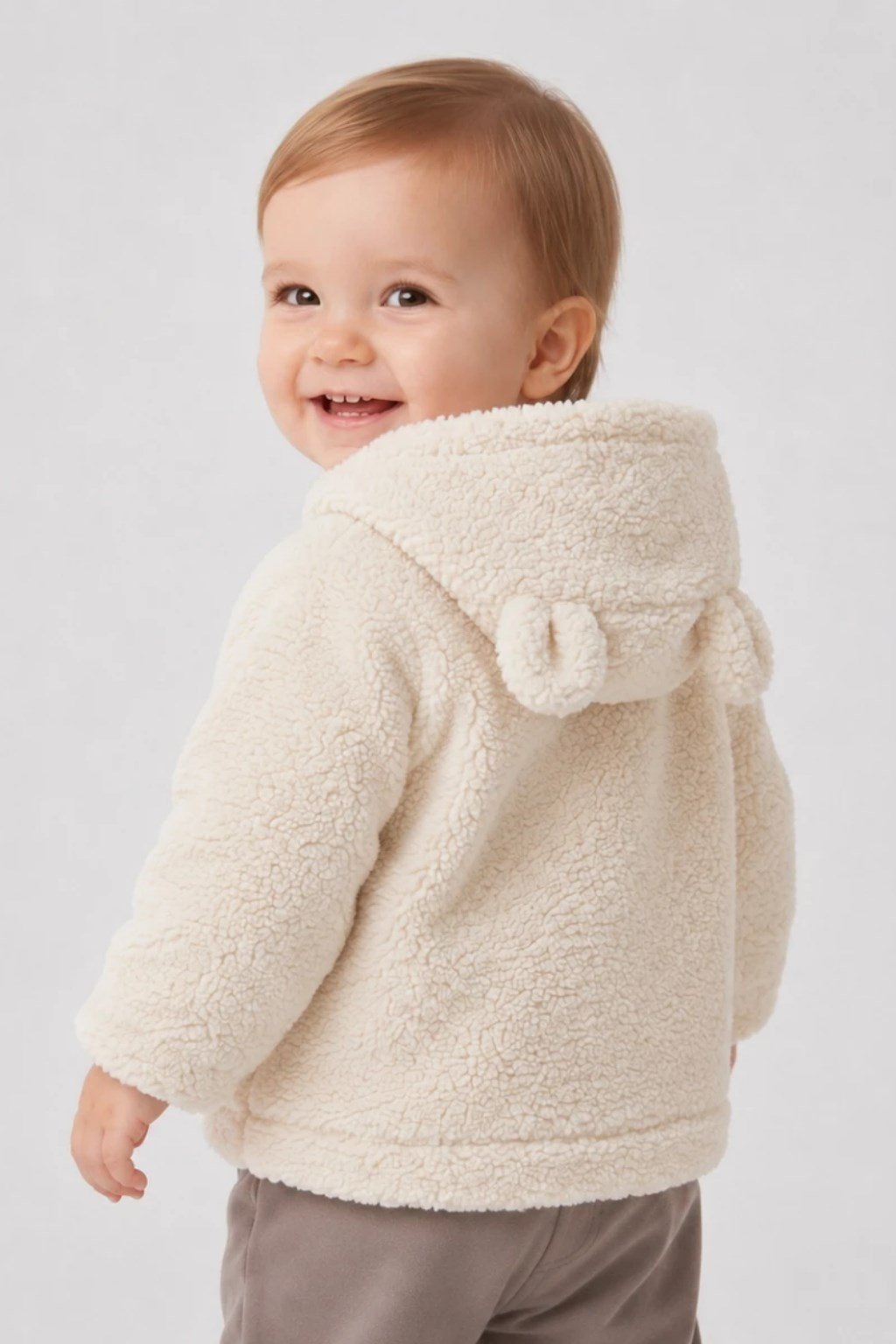 Bebek Kapüşonlu Peluş Mont Ekru