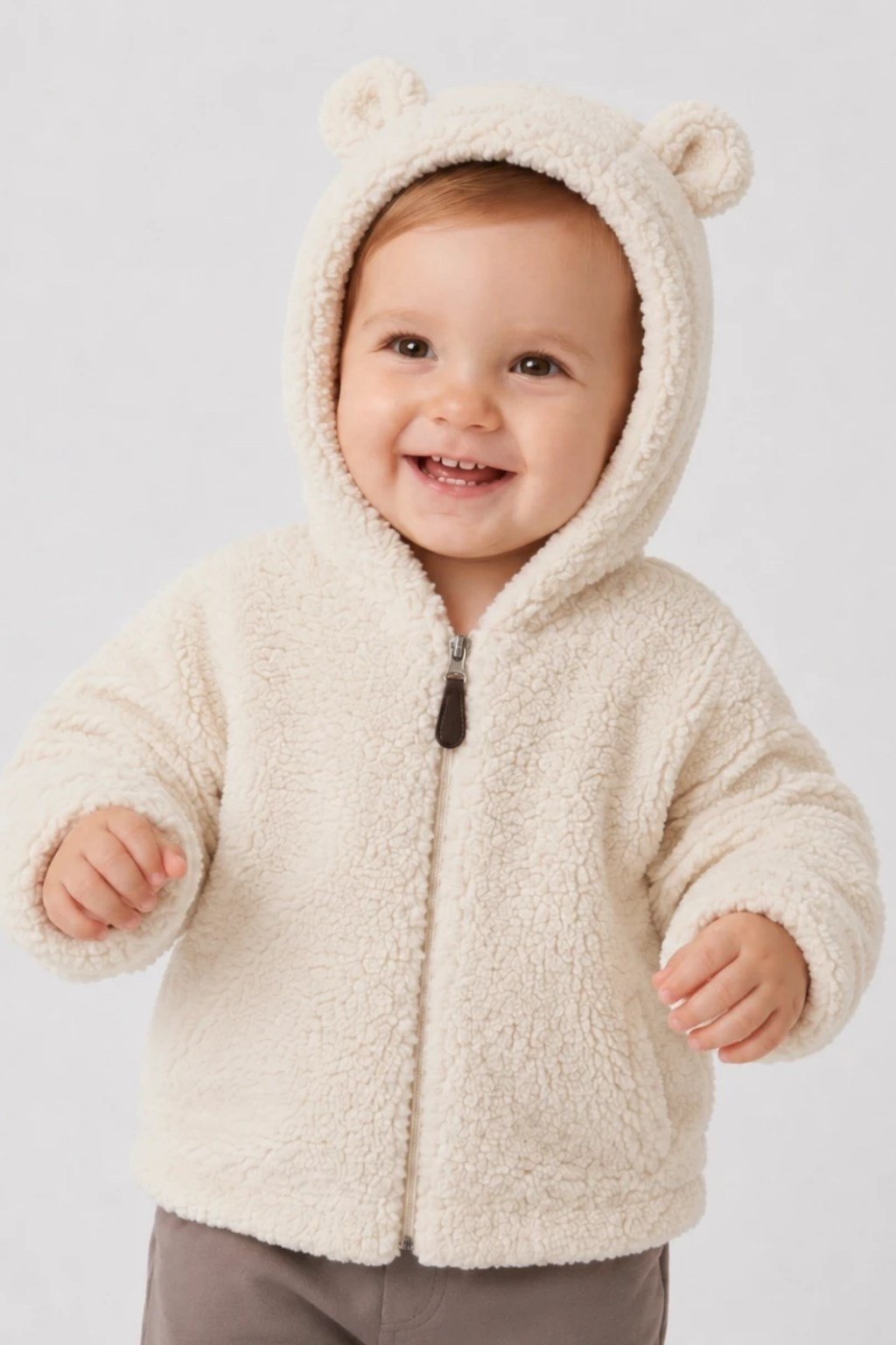 Bebek Kapüşonlu Peluş Mont Ekru