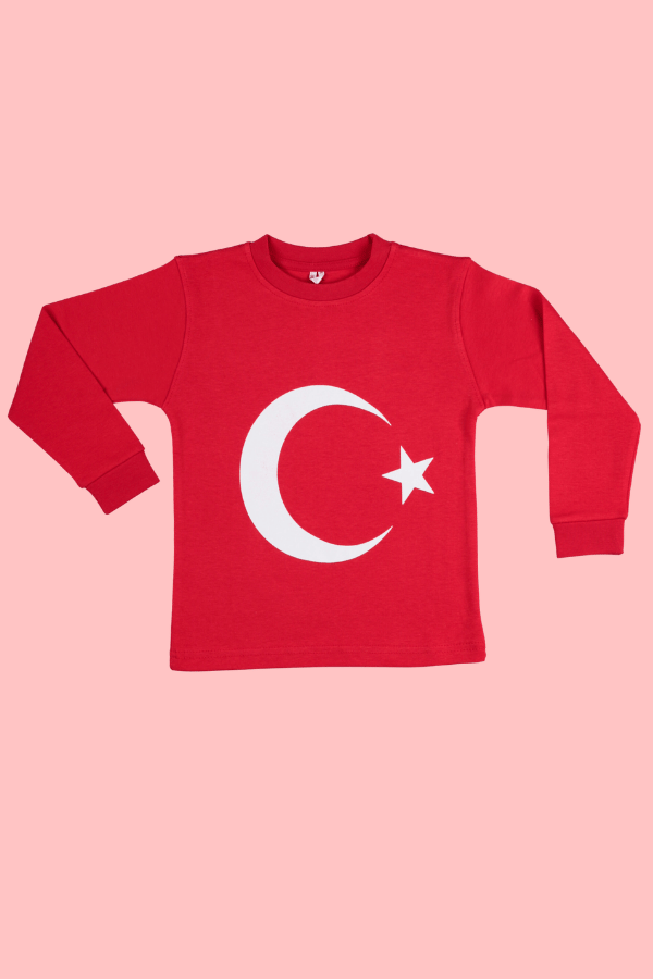 Beberium Ay Yıldız Baskılı Kırmızı Uzun Kollu Çocuk Tişört – Kompakt Penye