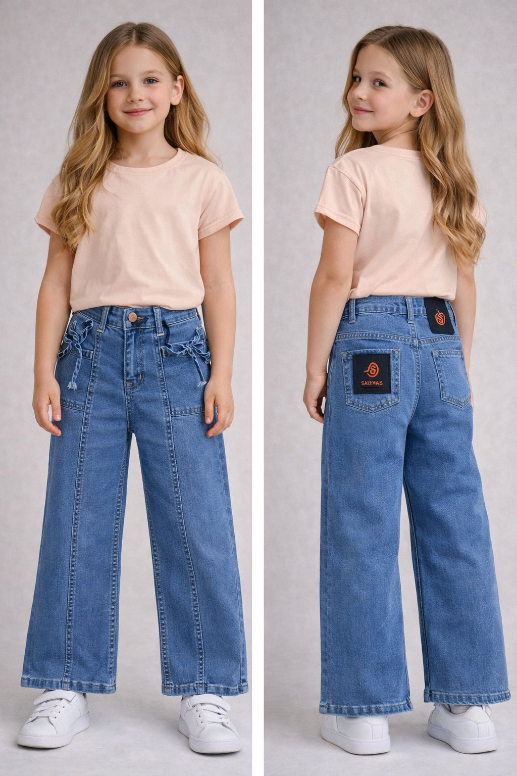 Bol Paça Denim Pantolon Mavi – Ayarlanabilir Bel, Kız Çocuk, 5–8 Yaş
