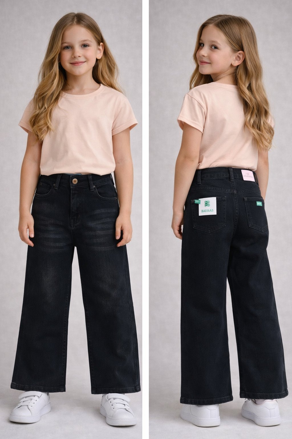 Bol Paça Siyah Denim Pantolon – Ayarlanabilir Bel, Kız Çocuk, 5–8 Yaş