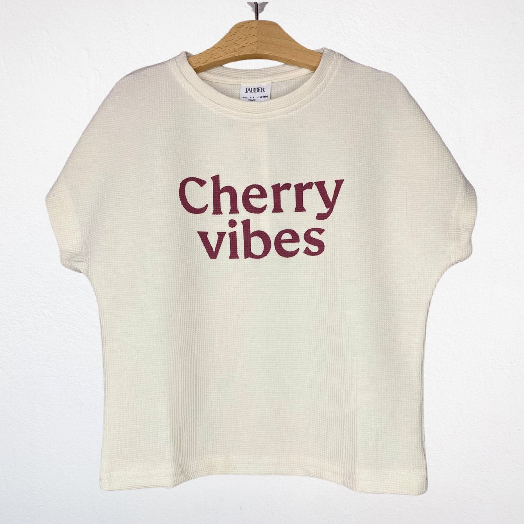 Cherry Vibes Baskılı Kiraz Desenli Waffle Kumaş Ekru İkili Takım