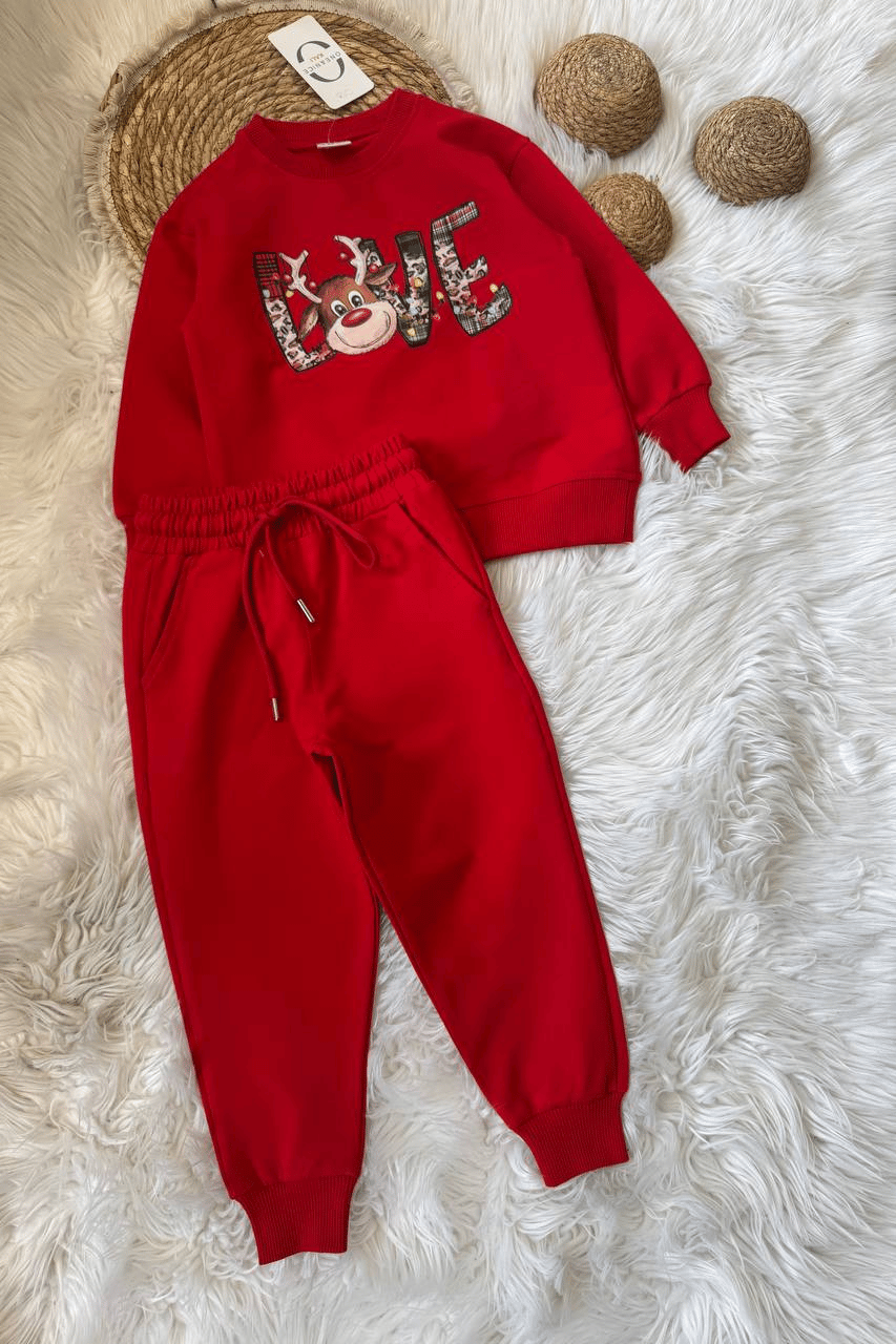 Christmas Temalı Dijital Baskılı Takım – Kırmızı, Unisex, 3–10 Yaş