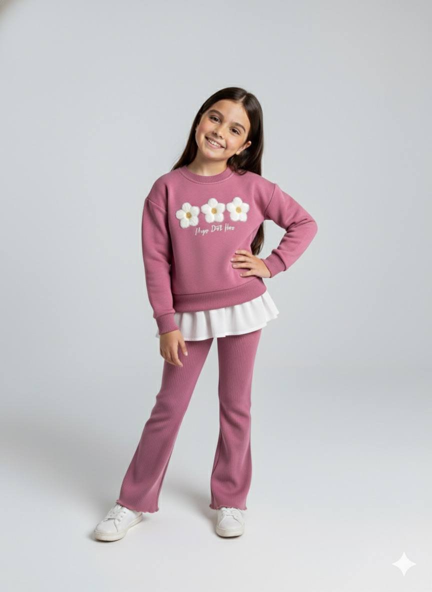 Çiçek İşlemeli Gül Kurusu Kız Çocuk Takımı – Sweatshirt & Geniş Paça Tayt, 2–8 Yaş