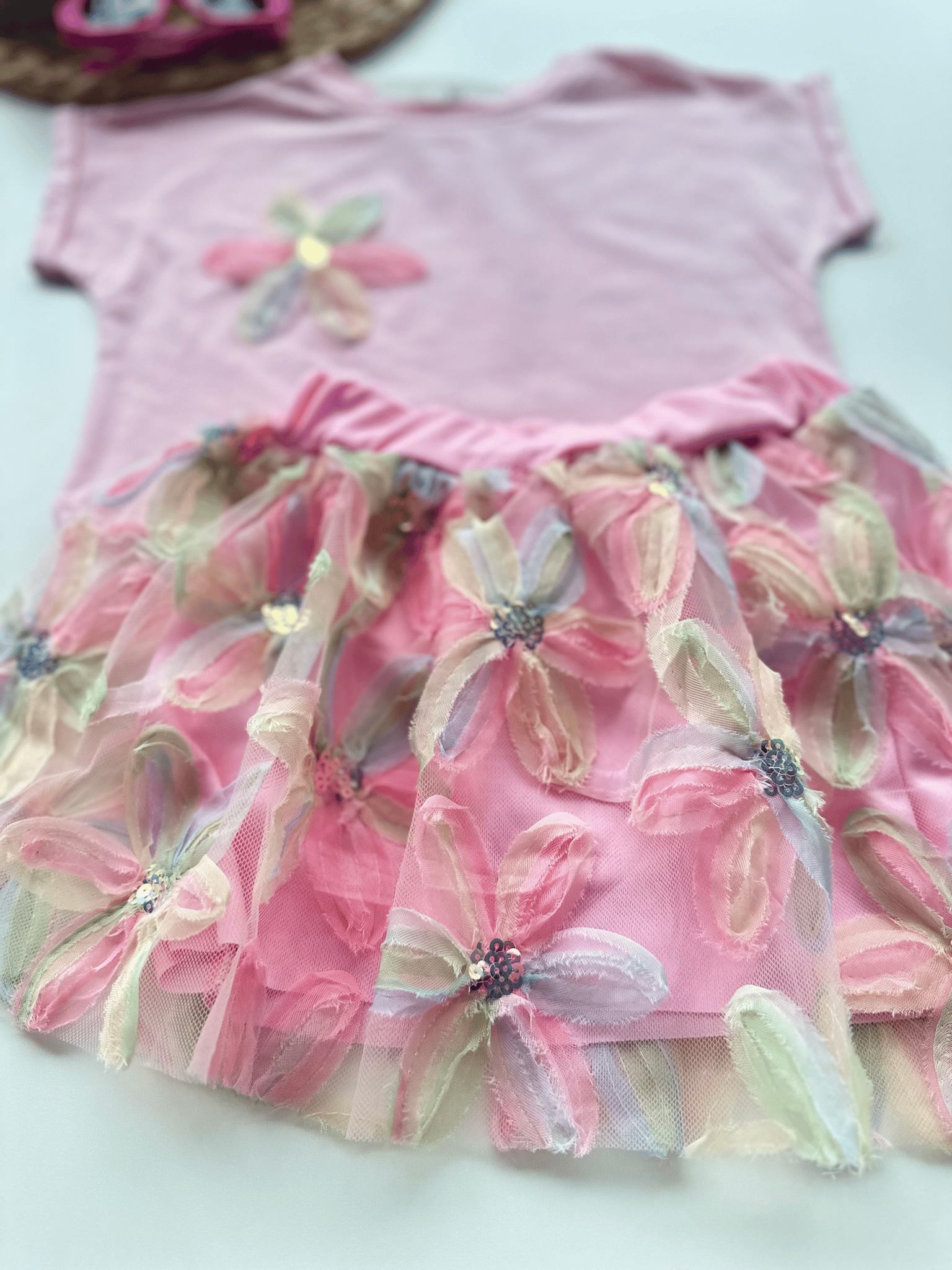 Çiçekli Tüllü Kız Çocuk Elbise Takımı – Pembe