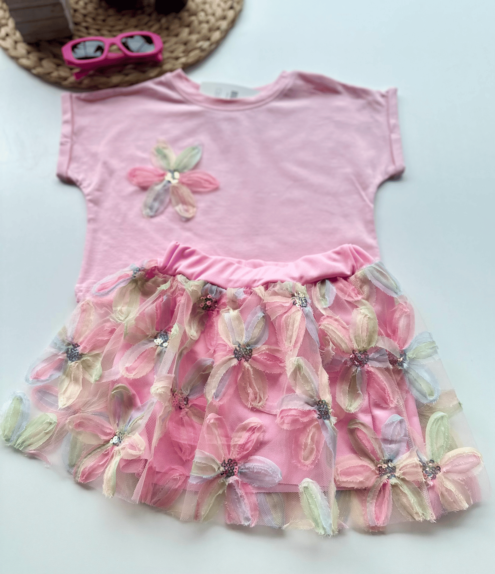 Çiçekli Tüllü Kız Çocuk Elbise Takımı – Pembe